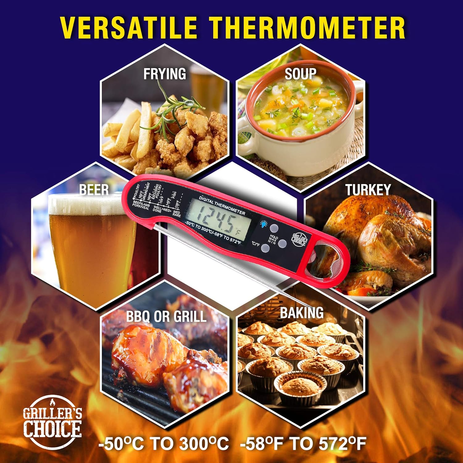 review Commercial Digital Instant Read Thermometer- Precise, Backlight, Magnet, Folding Probe. Great for BQQ, Grill, Meat, Candy, Frying by Grillers Choice