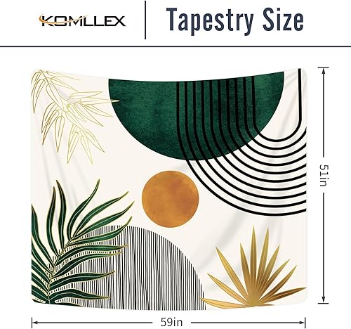 Miniatura 5 de KOMLLEX Tapiz abstracto verde chic de 59 pulgadas de ancho x 51 pulgadas de alto, diseño bohemio de hojas de mediados de siglo, arco de sol,