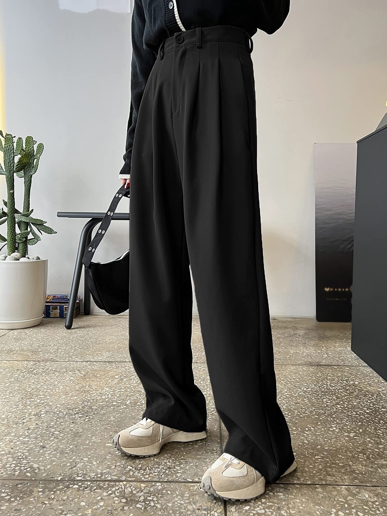 AVIMYA Womens Pants Fold Pleated Slant Pocket Black Pants
