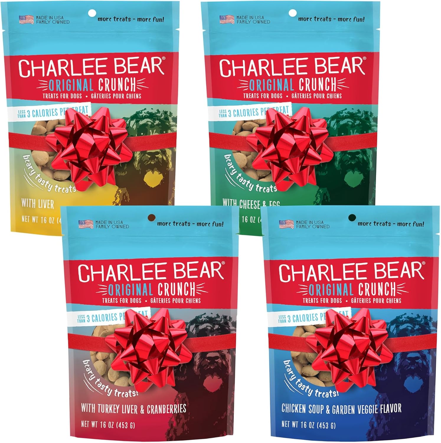 Charlee Bear Original Crunch Dog Treats Variety Pack, 16 oz (4-Pack) - Liver, Egg & Cheese, Chicken Soup & Garden Veggie, Turkey Liver & Cranberries Made in The USA Natural Training Treats for Dogs - Image 1 of 9