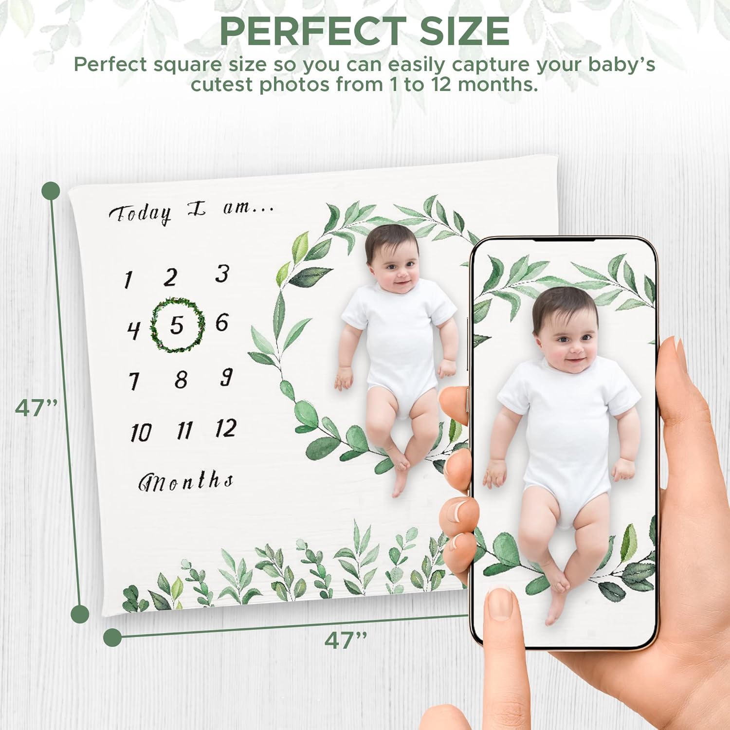 Baby Monthly Milestone Blanket for Boys and Girls 60 x 40 Inch Thick Fleece Baby Month Blanket with 2 Felt Frames Newborn Photography Prop Photo Blanket Moon and Star (Green Leave)
