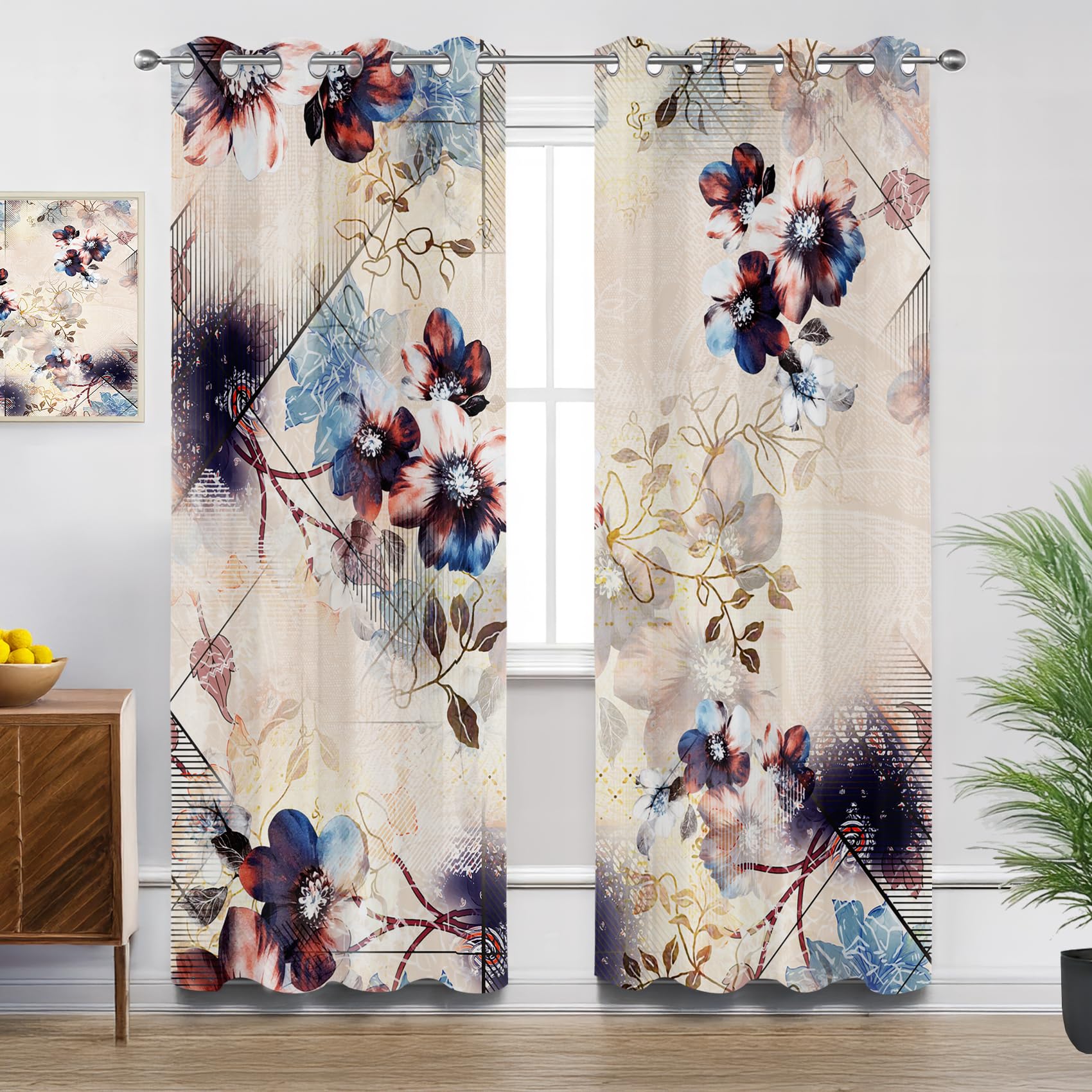 Retro Floral Curtains for Living Room, Vintage Flower Retro Shabby Chic Blackout Curtains Thermal Insulated Extra Long Bedroom Curtain Eyelet, W90 X D108, 2 Panels Drapes Home Decorations