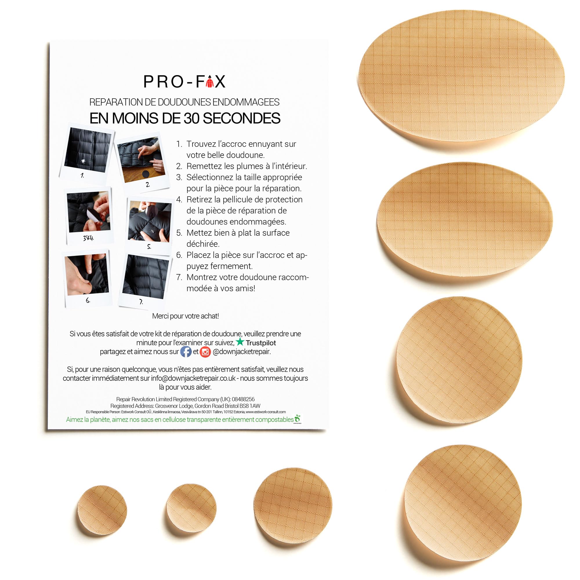 Kit Réparation Doudoune PRO FIX - 7 Patchs Auto-adhésifs Imperméables - Pour Vêtements, Sacs De Couchage - Noir