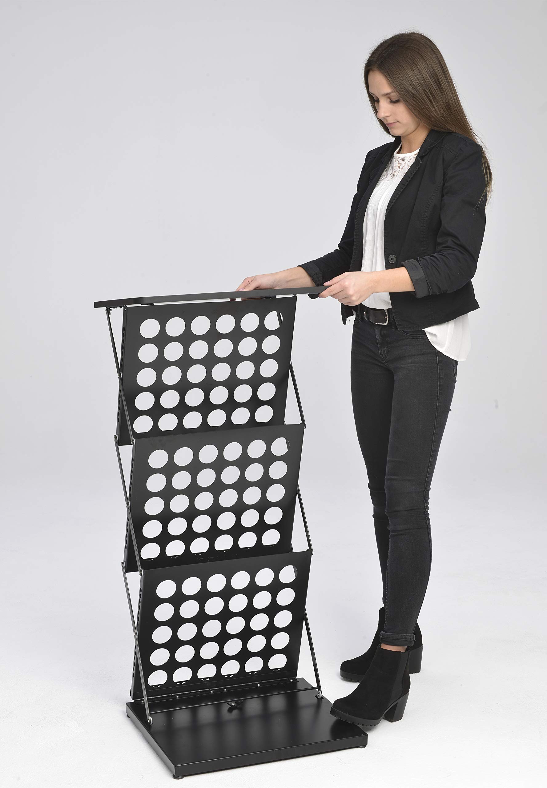 Mostrador de Pie con Expositor para Folletos Negro | Soporte Plegable de Metal con 3 Estantes para Catálogos, Flyers y Revistas | Escritorio Portátil y Atril para Ferias y Eventos