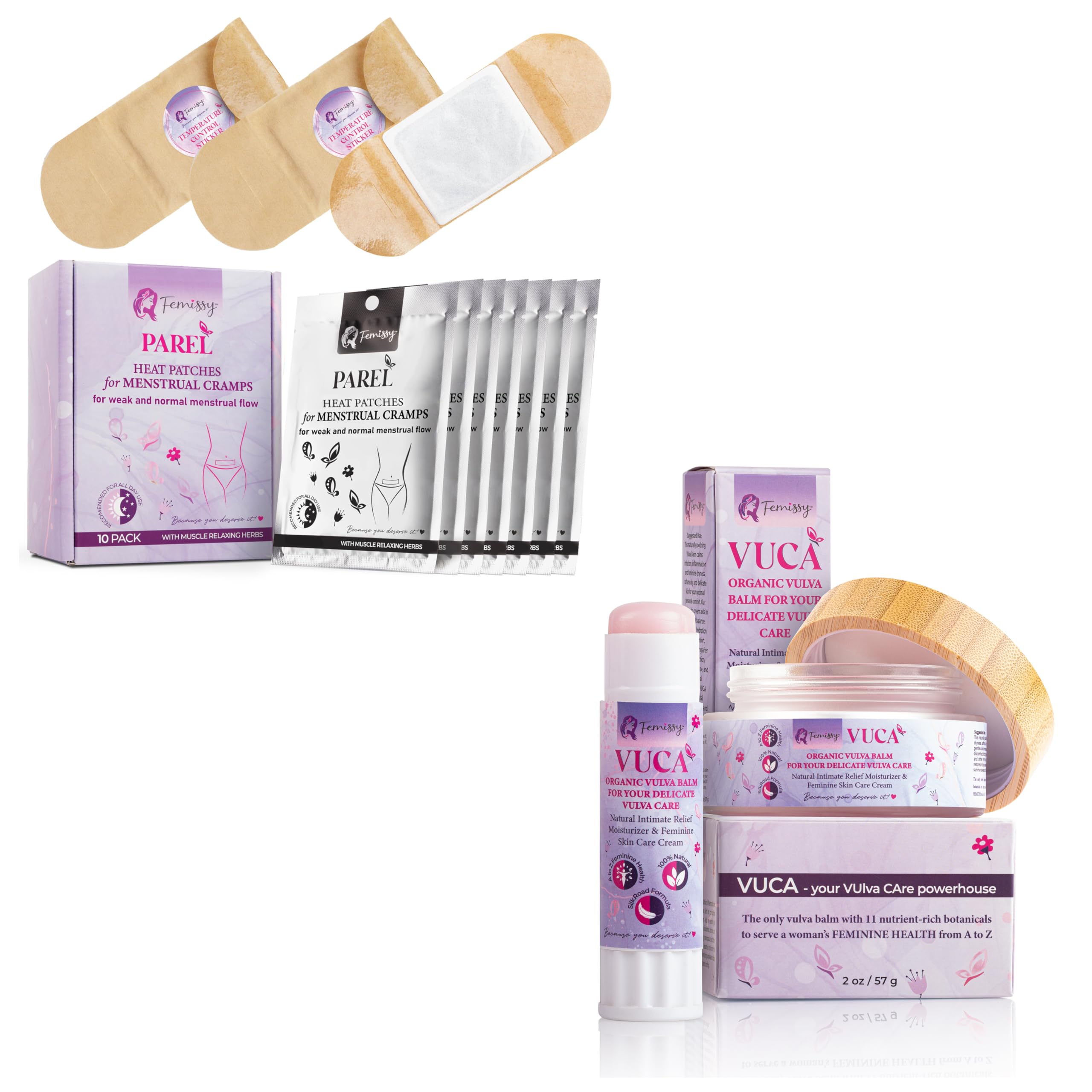 Heat Patches for Menstrual Cramps Based on Flow Strength, 10 Stick On Period Patches for Weak & Normal Flow + Vulva Balm (2 pcs Bundle: 2 + 0.5 oz); Vulva Cream; Intimate Vulva Moisturizer for Women