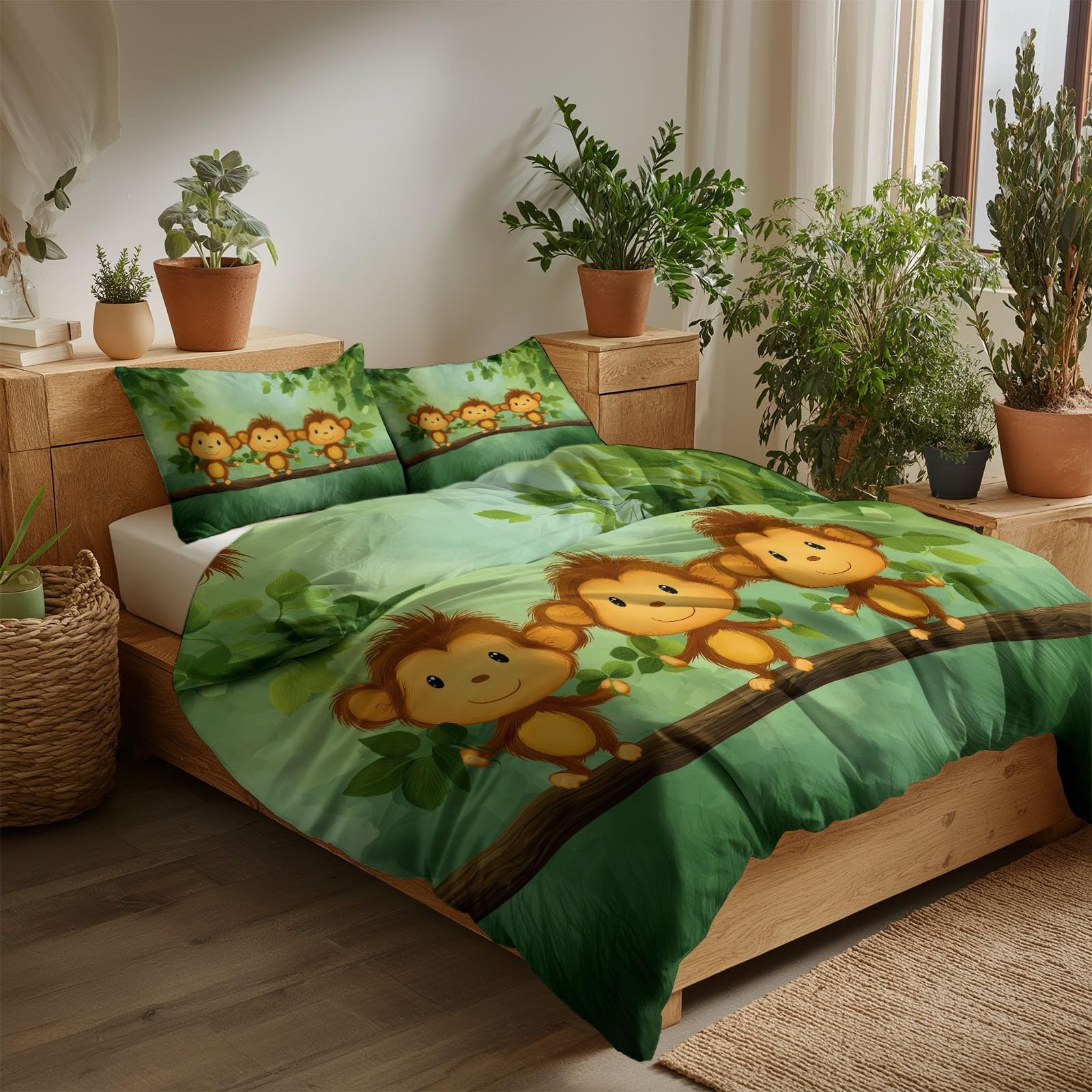 Funda de Edredón con Mono De La Selva, Juego de Cubierta Ropa de Cama Libro Infantil Ilustrado Tema para Niñas Niños y Adolescentes Estilo De Ilustración Infantil Cubierta de Edredón 180 x 220 cm