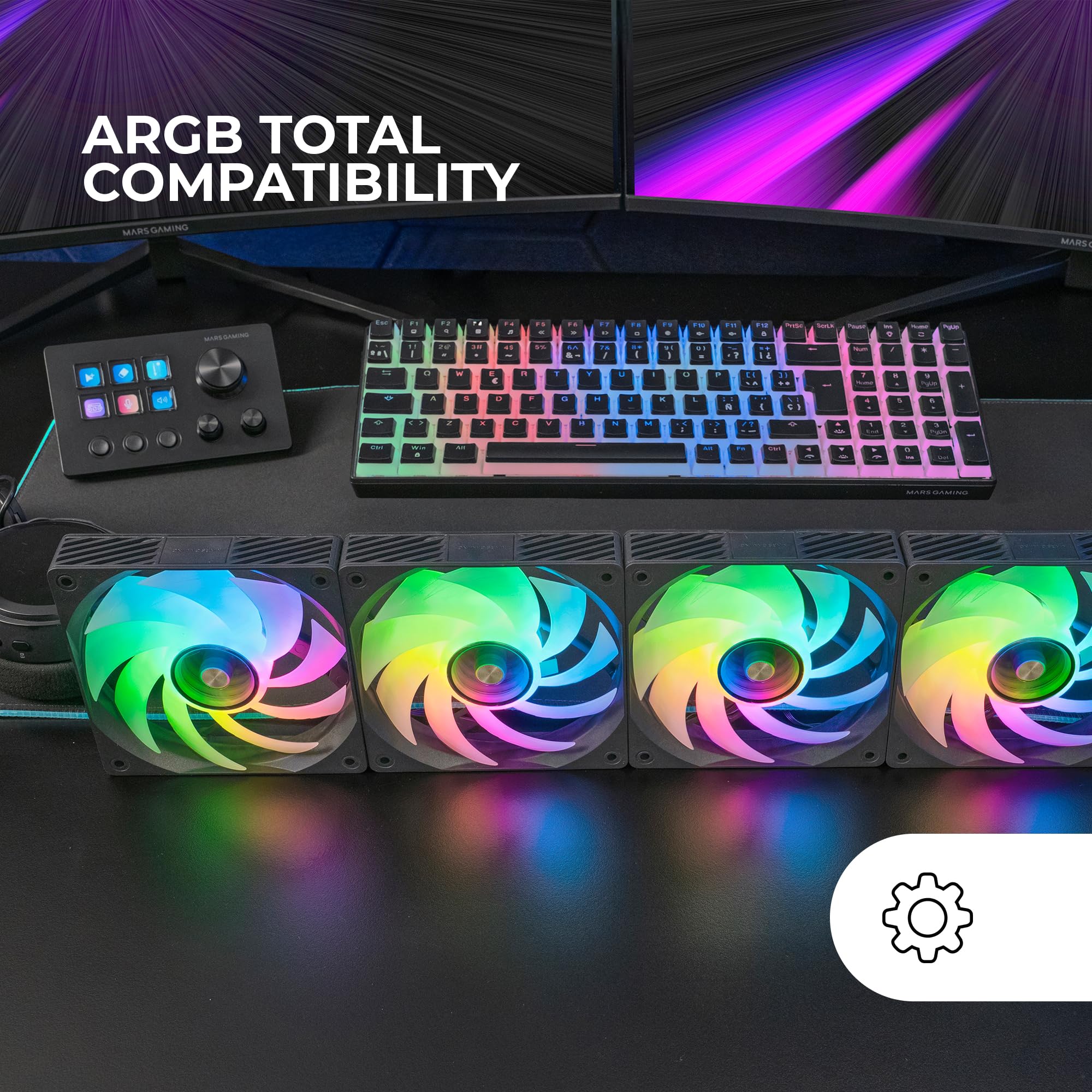 Mars Gaming MF-SI4KIT, Kit de 4 Ventilateurs Ultra-Silencieux 120mm, Éclairage ARGB Miroir Infini, Roulements FDB et Noyau en Cuivre, Télécommande et HUB, Compatibilité Totale ARGB, Noir