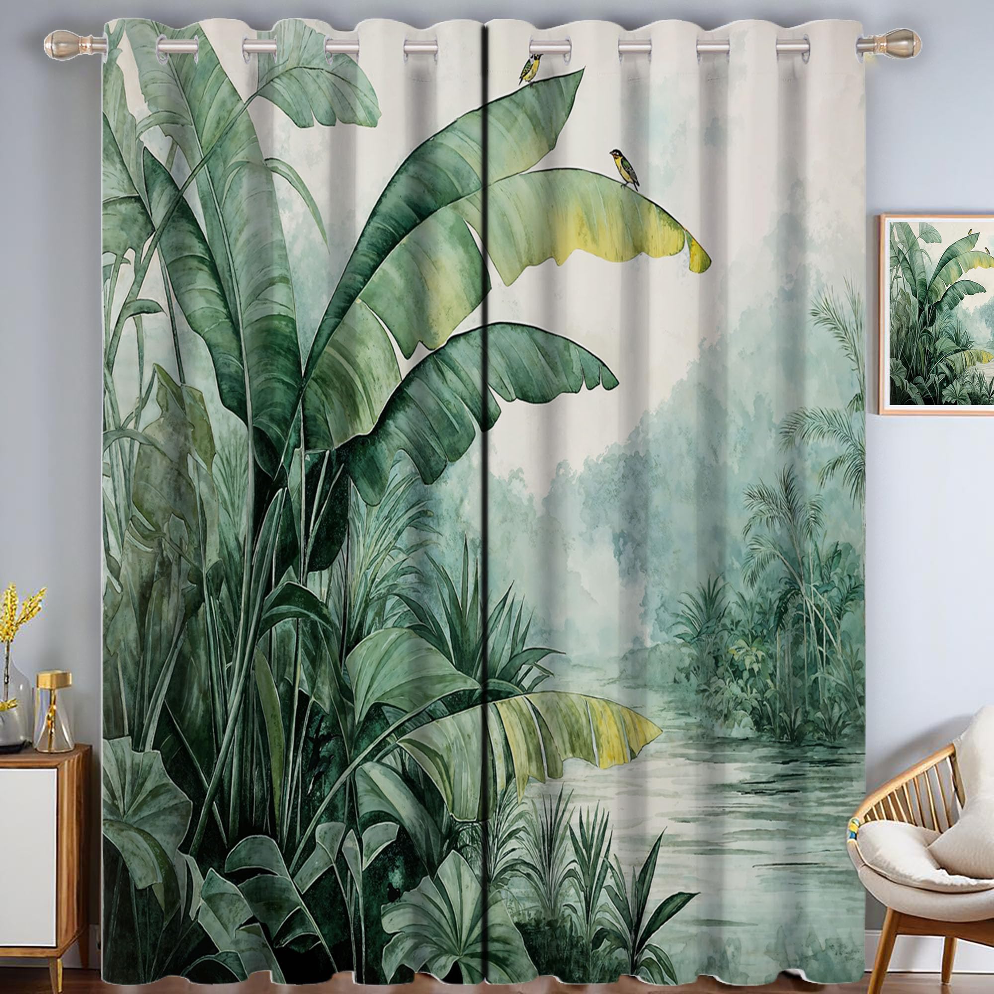 Rideau occultant à oeillets 140x225 cm vert imprimé feuilles de bananier pour salon lot de 2