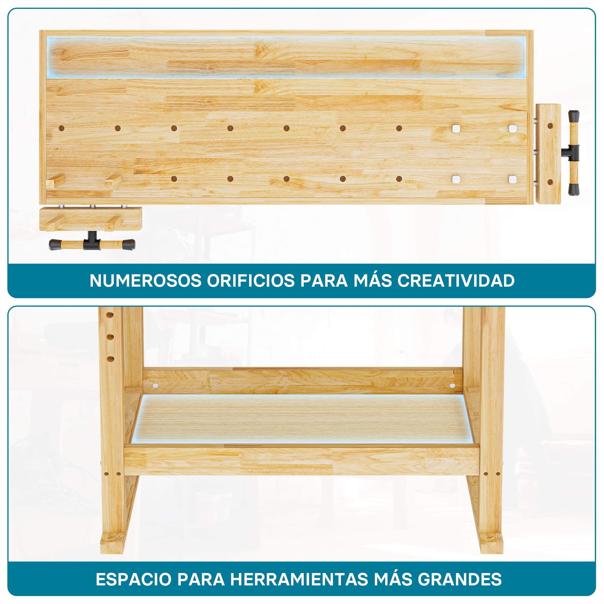 Wiltec Banco de Carpintero 151 x 61,5 x 86 cm Mesa de Trabajo de Madera 150 kg con cajón, Estante y Pinzas de sujeción, Ideal para Trabajos de carpintería, Bricolaje y Taller