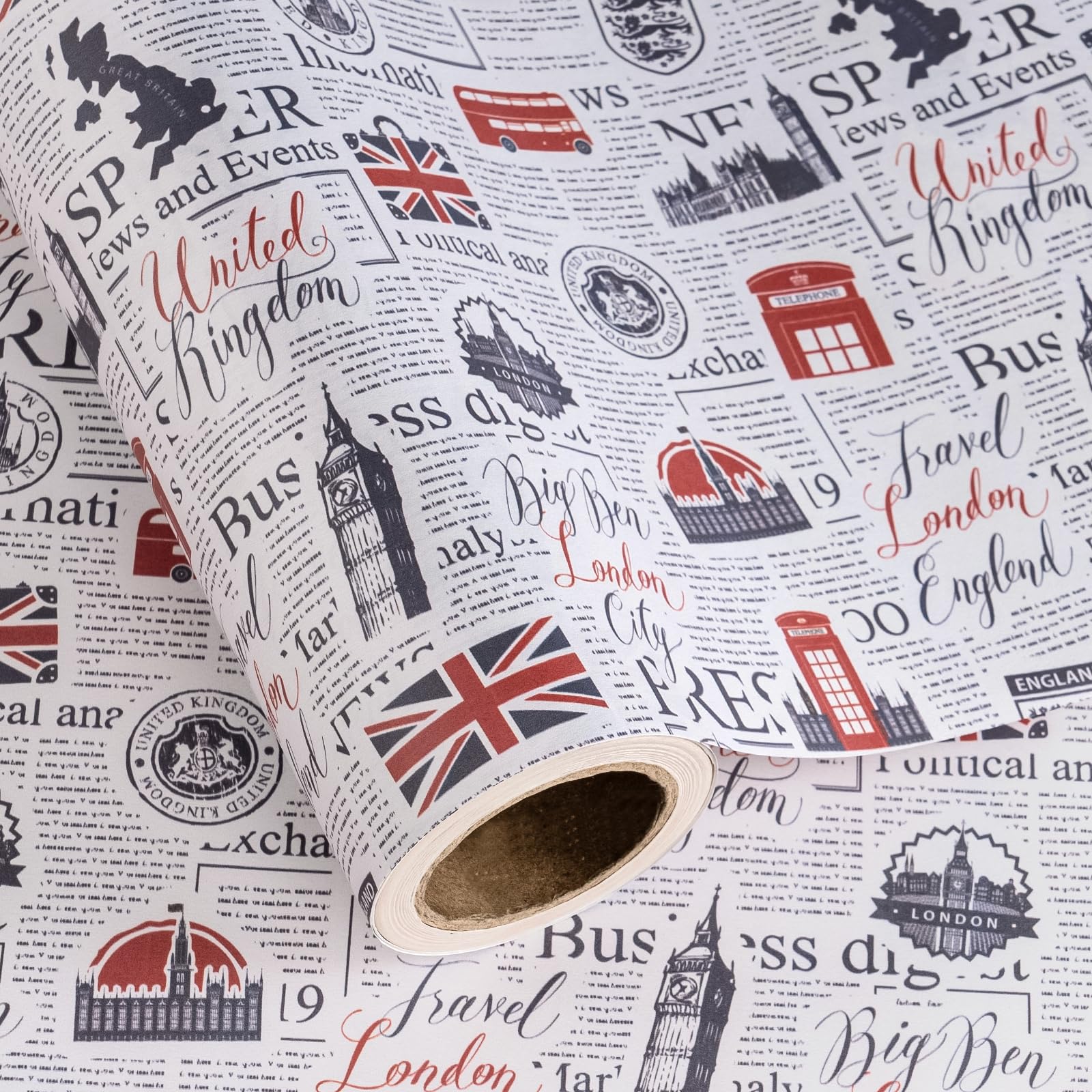 RUSPEPA Kraft British London Wrapping Paper Roll - Mini Roll - 43.2cm x 5m - UK Vintage Newspaper Wrapping Paper for Birthday, Wedding, Anniversary, Bridal Shower