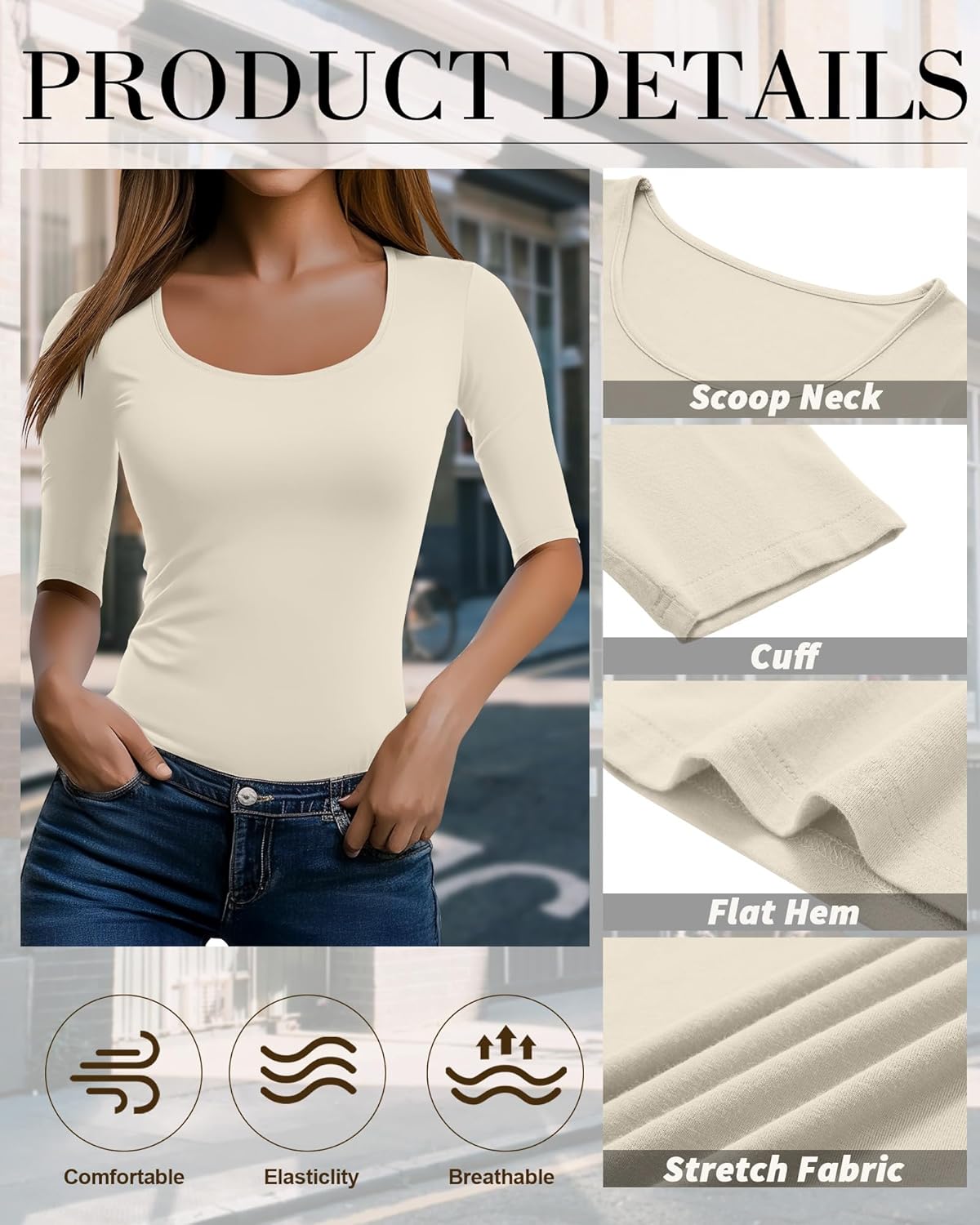 Neer 3 Pack Women's Scoop Neck Tops Half Sleeve Slim Fitted Cotton Blend Stretchy T-Shirts Tight Casual Basic Tees - Image 4