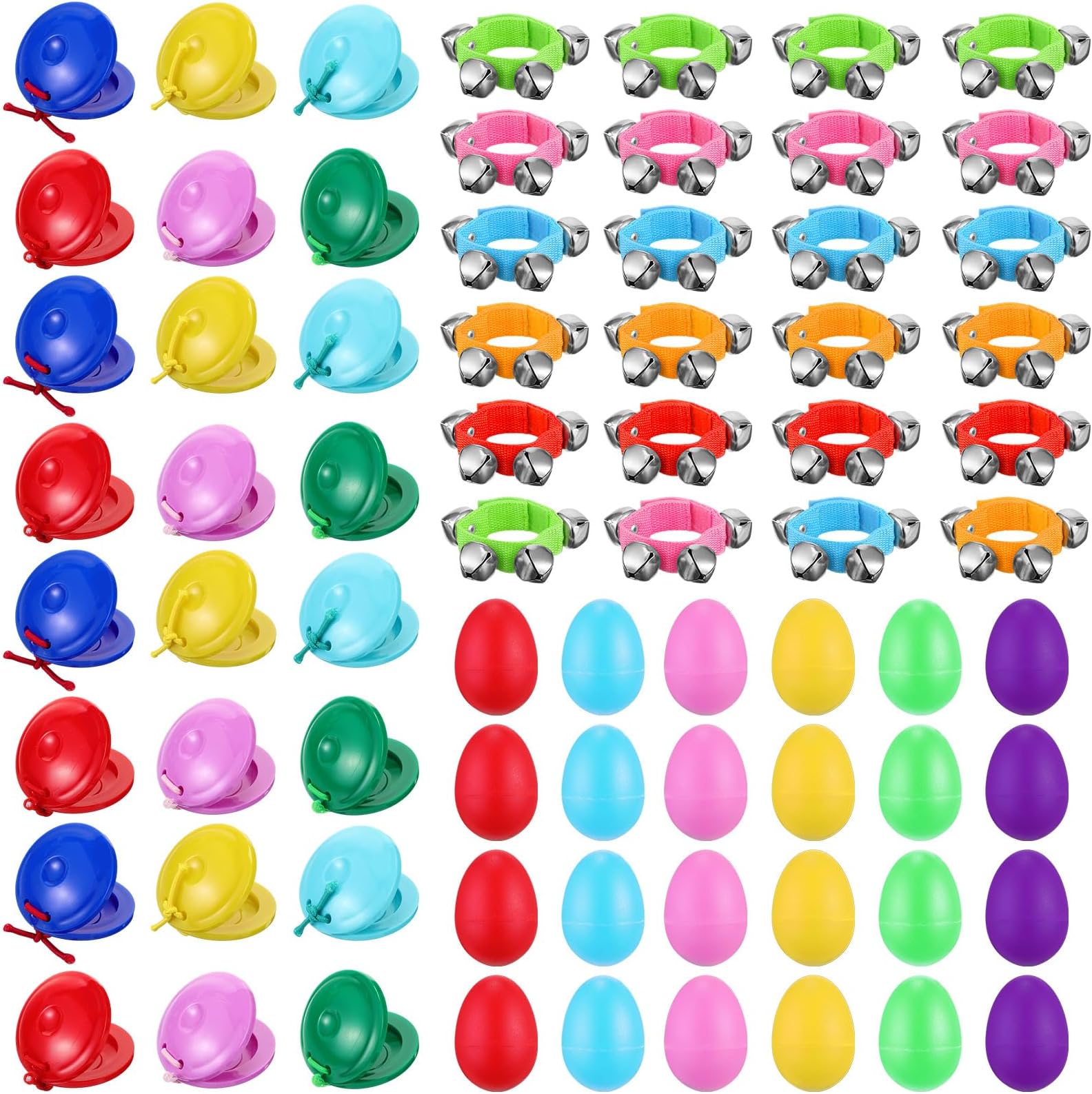 72 Piecces Bulk Easter Basket Gifts for Kids Include 24 Egg Shaker 24 Wrist Band Jingle Bells 24 Finger Castanets for Musical Instruments Party Favors