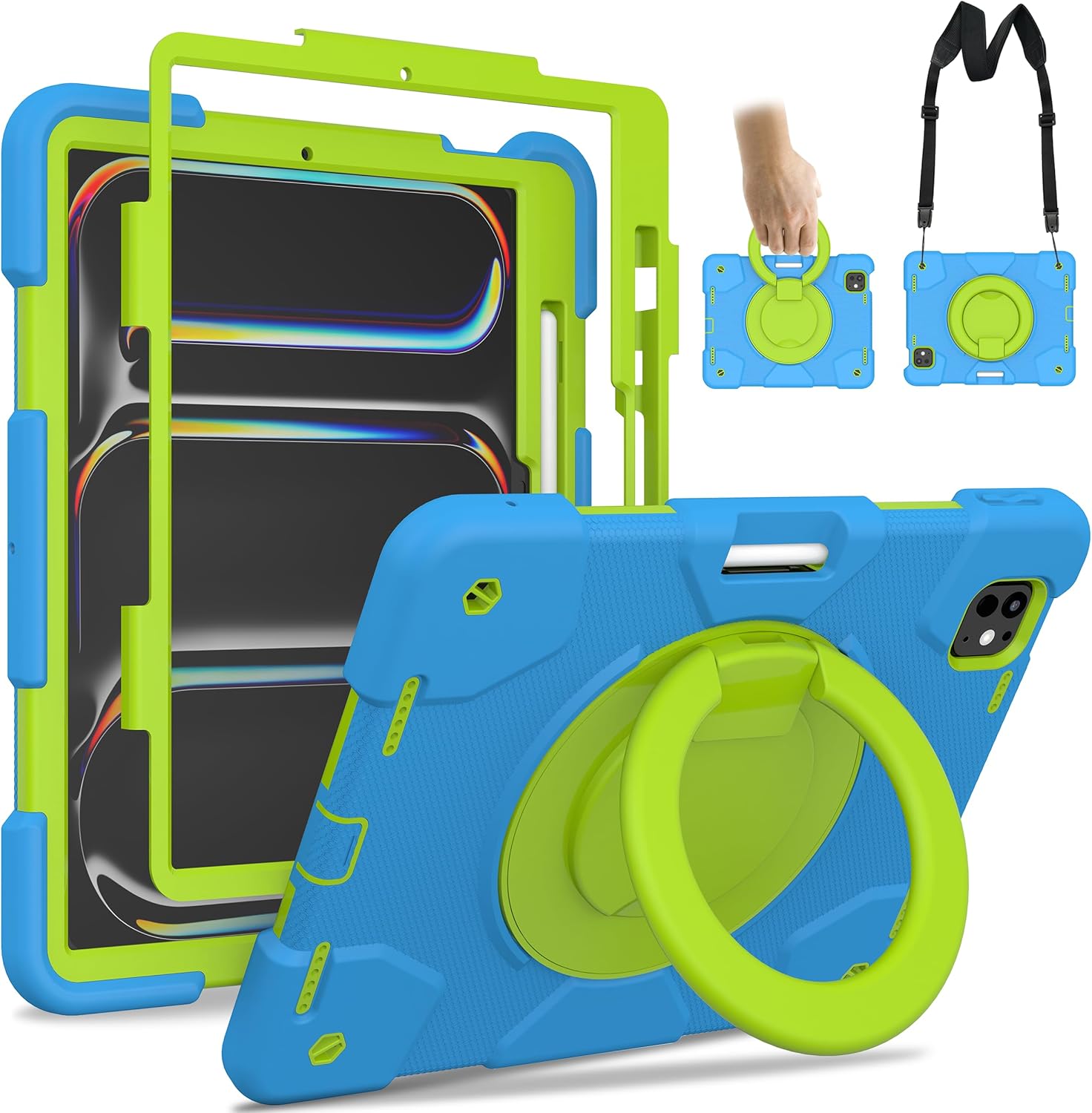 Andnary Case for iPad Pro 11 Inch M4 2024/M5 2025 Case, Heavy Duty Shockproof Cover with Screen Protector/360° Rotate Stand/Shoulder Strap/Pencil Holde (Blue+Green, iPad Pro M4/M5 11 inch)
