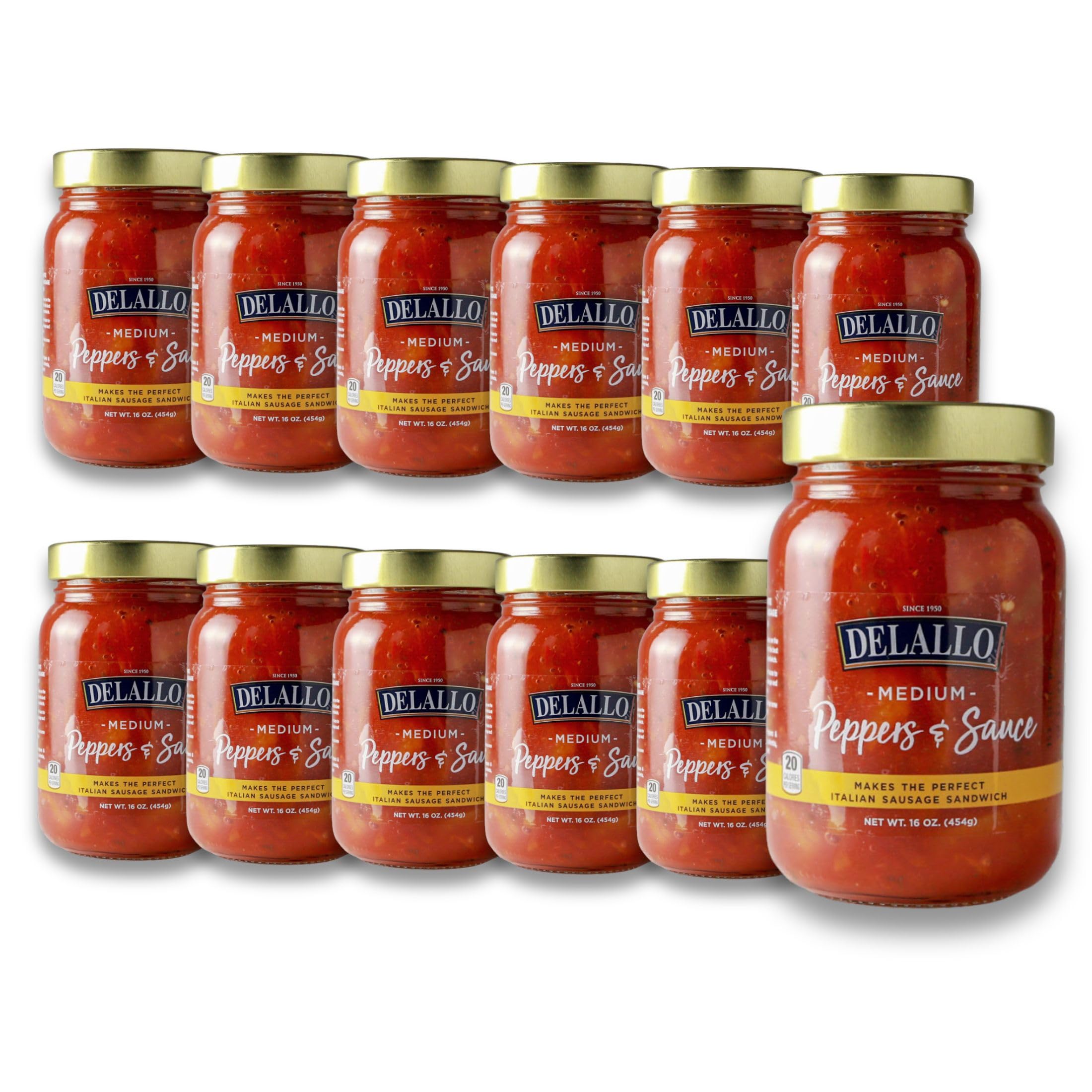 DeLallo Peppers and Sauce, Medium Spice, Homestyle Tomato Sauce with Bell Pepper Chunks and Zesty Banana Peppers, For Italian Sausage and Pasta, Non-GMO, Gluten-Free, Vegan, 16 oz Jar