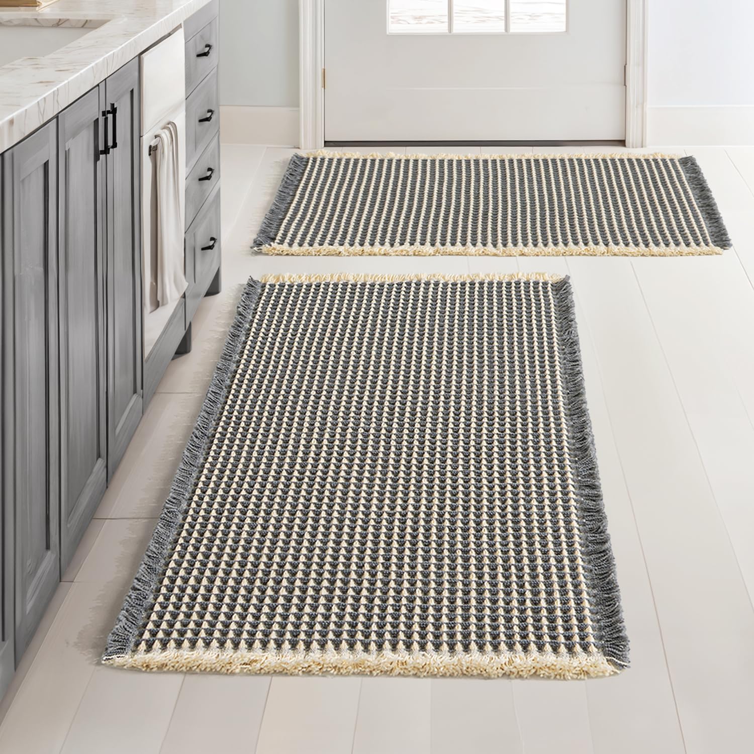 MIULEE Set of 2 Waffle Bathroom Rugs, Boho Bath Rugs Non Slip Washable, Super Absorbent Bath Mats, Ultra Soft Rubber Backed Shower Mats for Bathroom