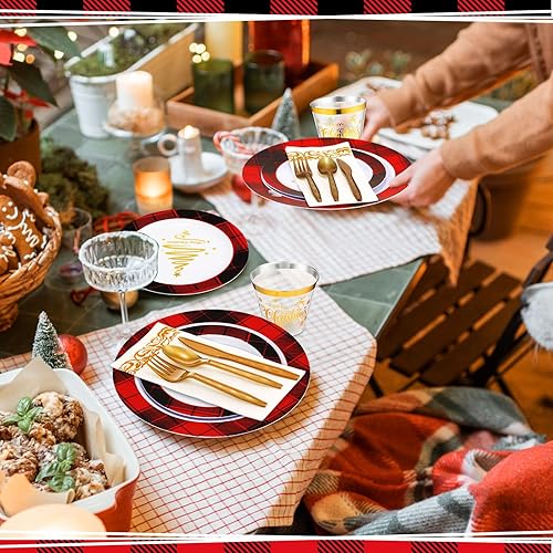 Miniatura 6 de Layhit Juego de 350 platos desechables de Navidad, vajilla de plástico para 50 invitados, 50 platos llanos, 50 platos de ensalada, 50 cucharas,