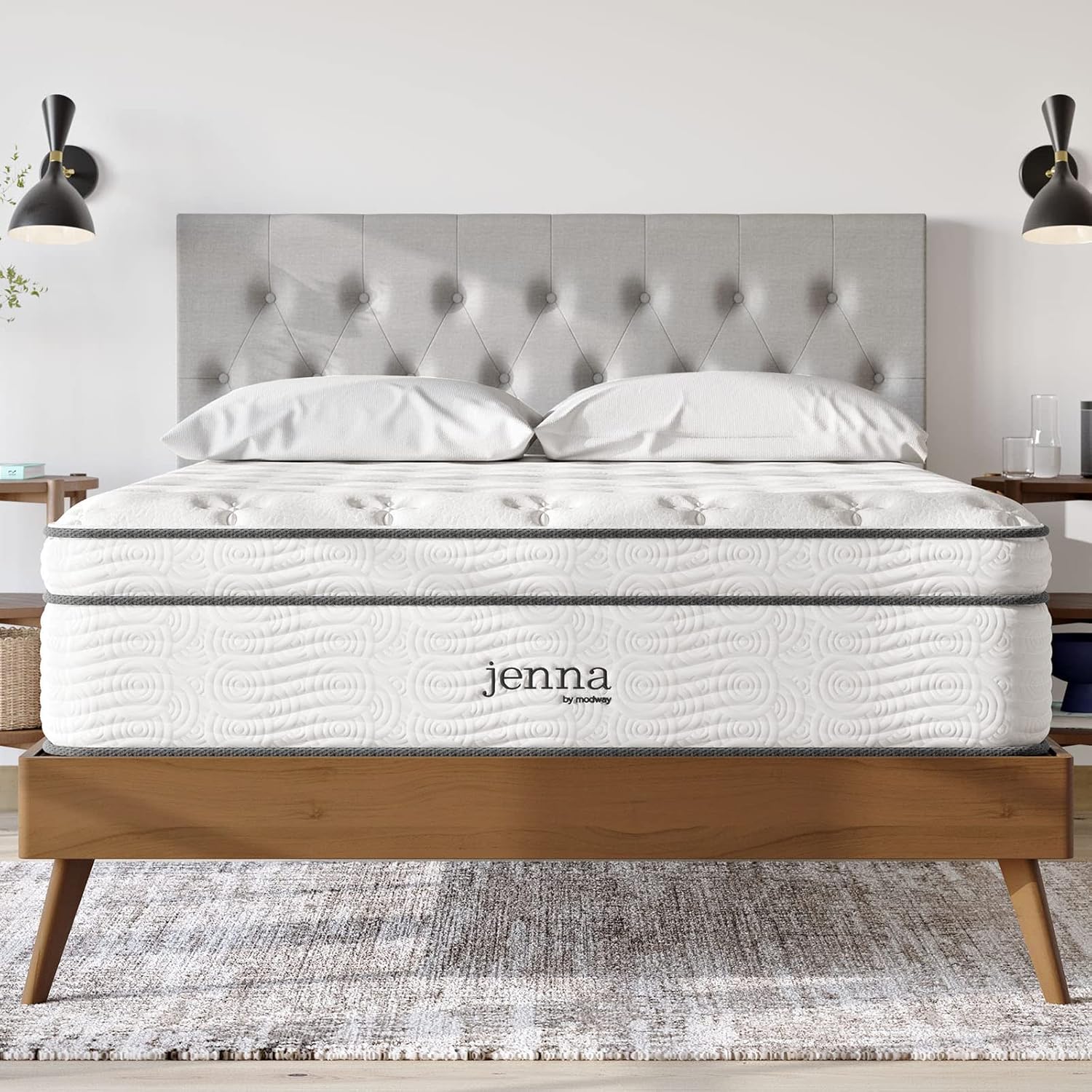 Modway Jenna 14” Innerspring and Memory Foam Queen Mattress With Individually Encased Coils, White Queen 14 Inch