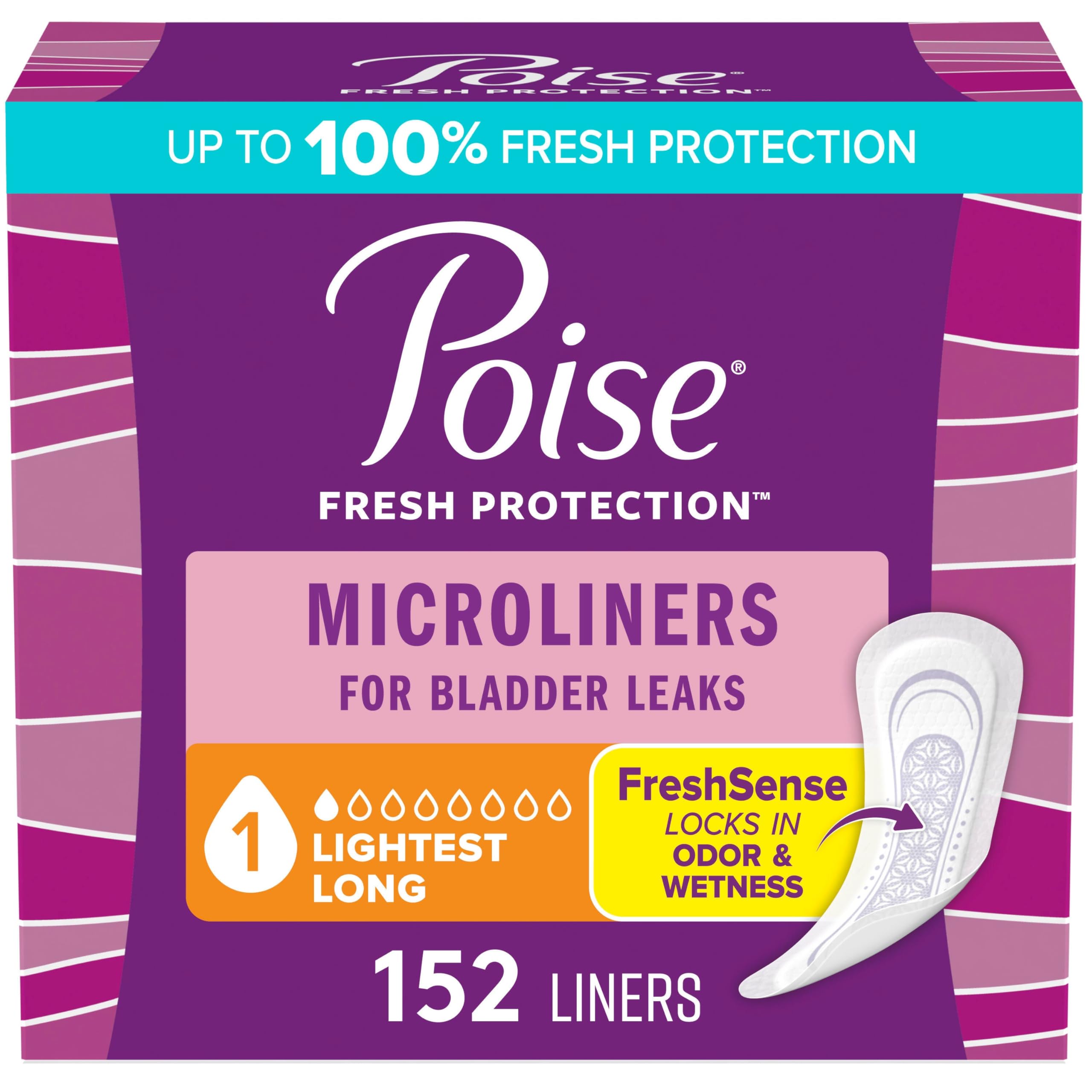Poise Daily Microliners, Incontinence Panty Liners, 1 Drop, Long, 152 ct