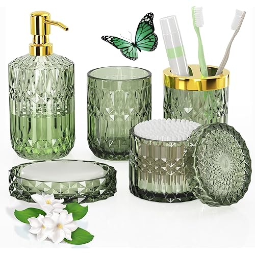 Green Bathroom Accessories Set, 5 Pcs Clear Glass Bathroom Accessories Sets with Lotion Soap Dispenser, Soap Dish, Toothbrush Holder, Bathroom Tumbler, Cotton Swab Jars, Perfect for Bathroom Decor