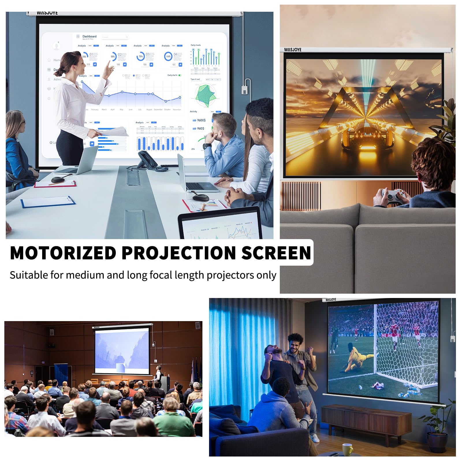 WASJOYE 84" Leinwand Beamer Elektrisch Diagonale Automatische Projektion 16:9 8K HD Filme Schirm für Heimkino Büro Videospiel Outdoor Indoor, Projector Screen W/Fernbedienung und Wand/Decke Mount