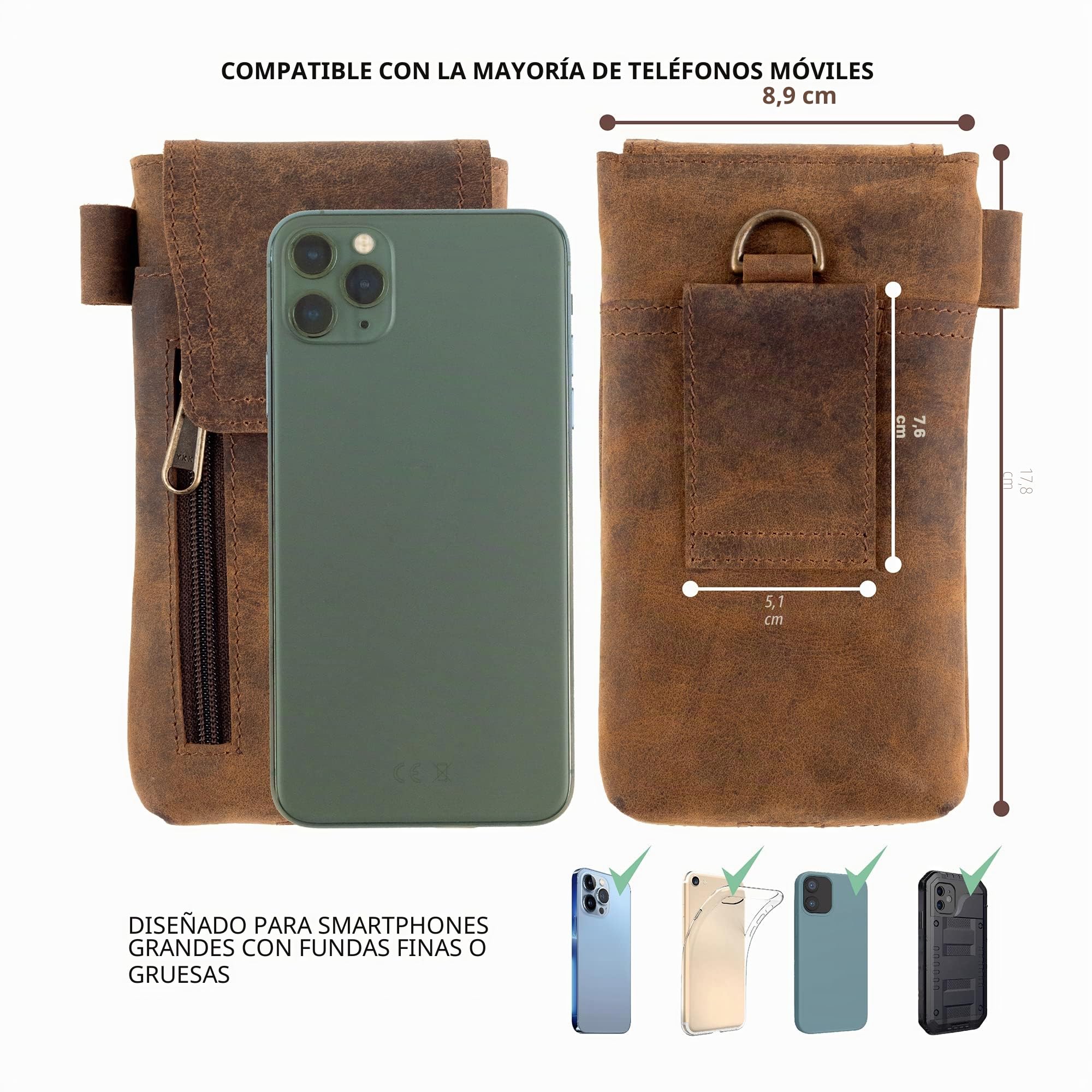 Funda Móvil de Cuero – Piel de Búfalo Auténtica de Plena Flor – Porta Móvil Grande de 18 x 9 cm – Ajuste Seguro y Duradero al Cinturón