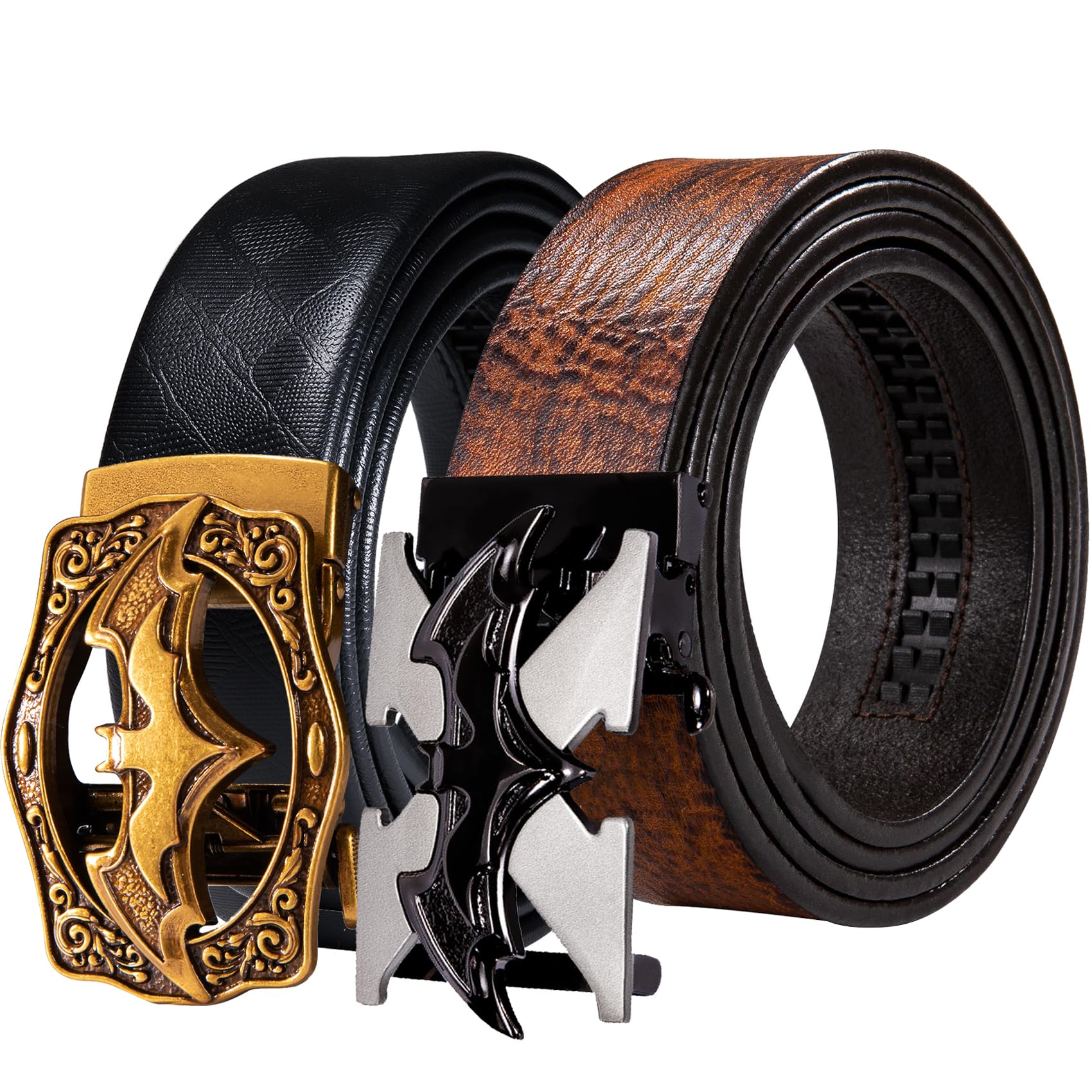 Barry.Wang Ratchet Belt 2 Pack Leather Mens Buckle Gift Set Brown Black Gold Bat Belts Automatic Buckles 1 3/8
