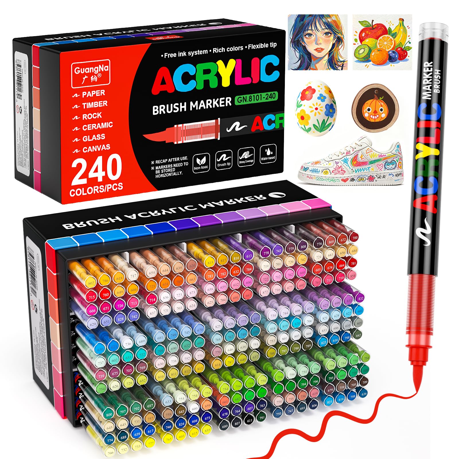 TrendGate 240 Couleurs Feutre Acrylique, Utilisation Multi-surface | Séchage Rapide, Marqueur Peinture Acrylique Pinceau Pour Papier, Verre, Galet, Métal, Plastique, Bois, Céramique, Textile