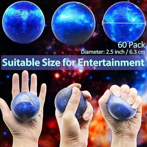 Miniatura 2 de Paquete de 60 bolas de estrés de galaxia a granel para niños y adultos de 2.5 pulgadas, bolas sensoriales para aliviar el espacio exterior, bolas
