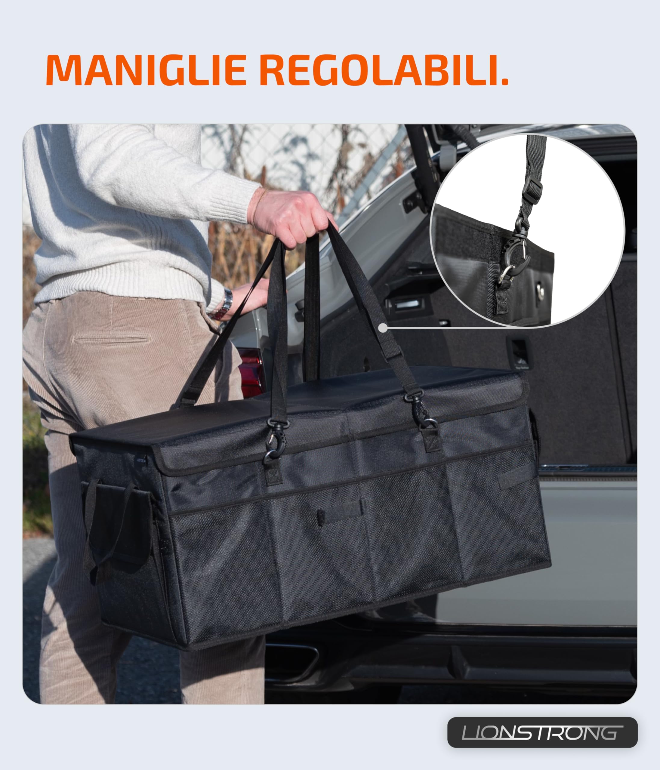LIONSTRONG® Box Organizer da Bagagliaio – Contenitore pieghevole e antiscivolo con maniglie e scomparti per city car, berline e SUV – Ideale per spesa, attrezzi e viaggi – Robusto e compatto