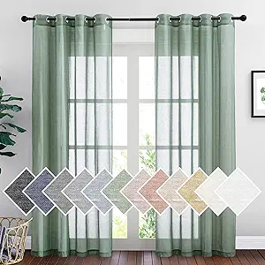 NICETOWN Linen Sheer Curtains Flax Textured for Living Room, Grommet Semi Sheer Vertical Drapes Privacy with Light Filter for Home Office/Farm House, W52 x L84, Olive Green, 1 Pair