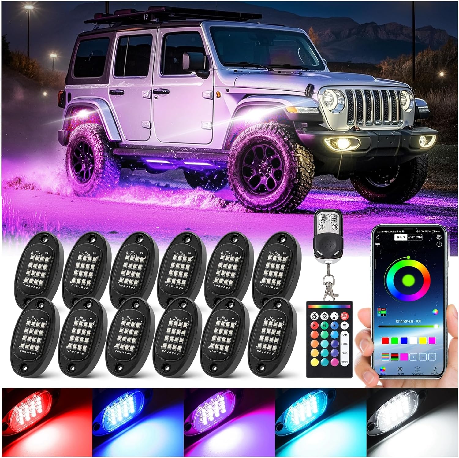 12 Pods RGB LED Rock Lights for Jeeps Trucks Golf Cart Offroad ATV UTV RZR SXS, Waterproof Multicolor Underglow Kit with Dual Zone Brake, Neon Underbody Light with App Remote Control Music Sync 12V
