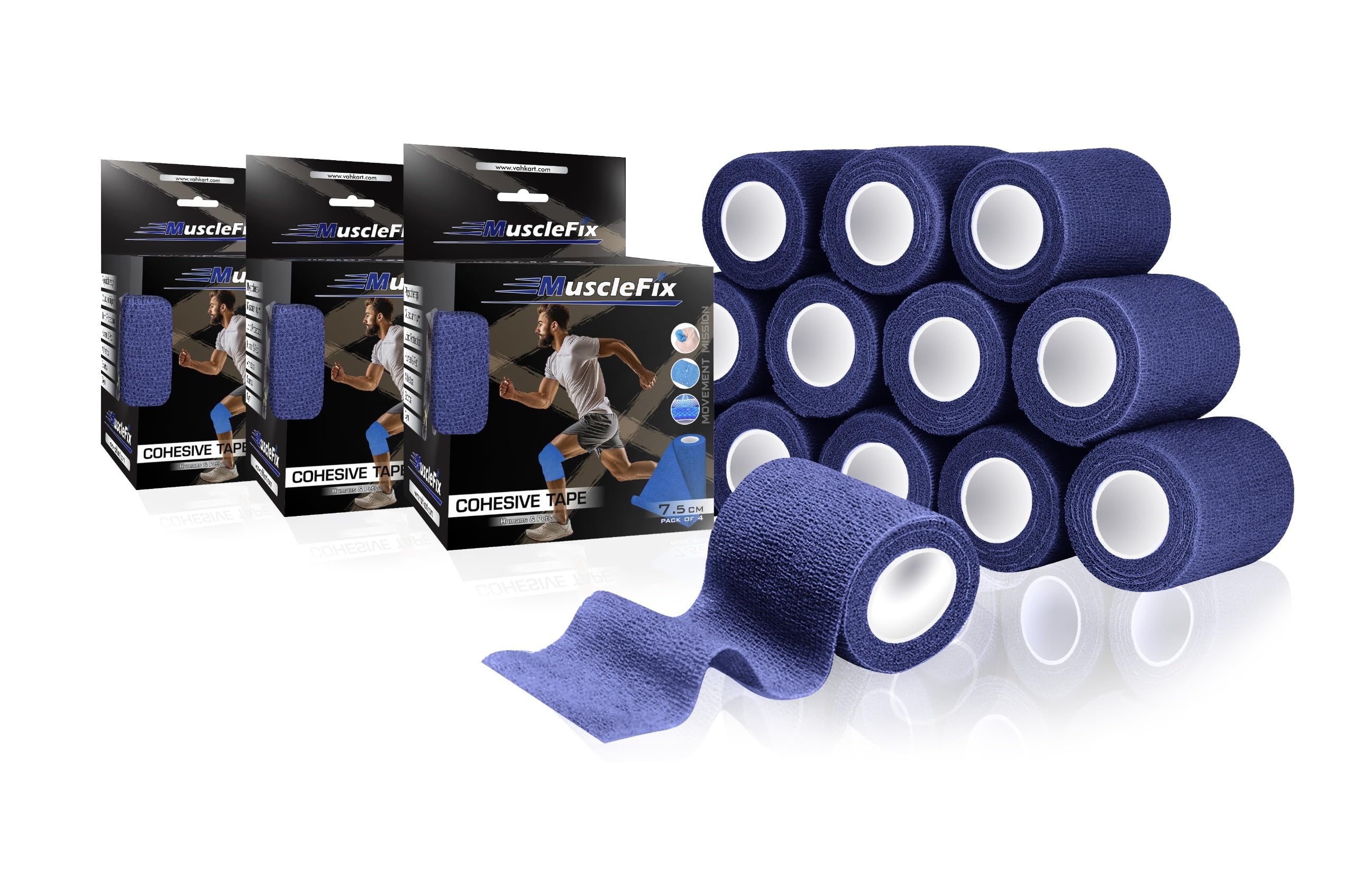 Cohesive Self-Adhesive Bandage Wrap | Elastic Sports Bandage for Muscle & Joint Support | Breathable, Non-Slip, No Glue | Physiotherapy, Gym, Human & Pet Use (7.5 cm) (Pack of 12)-Navy Blue-image-28
