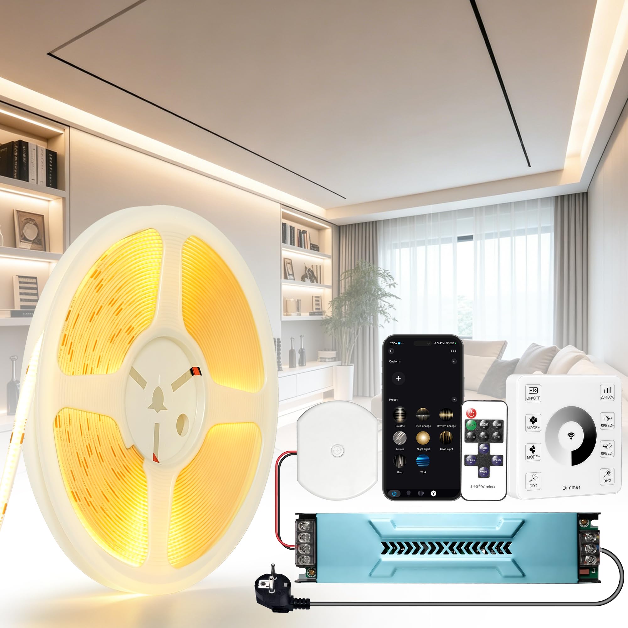 24 V 10 m COB LED Taśma ściemnialna 3000 K, ciepła biel, kompatybilna z Alexa, 10 W/M, 336 diod LED/M, CRI 93+, 1000 lM/M, z zasilaczem, do dekoracji wnętrz, sypialni, kuchni, sufitu do salonu, handlu