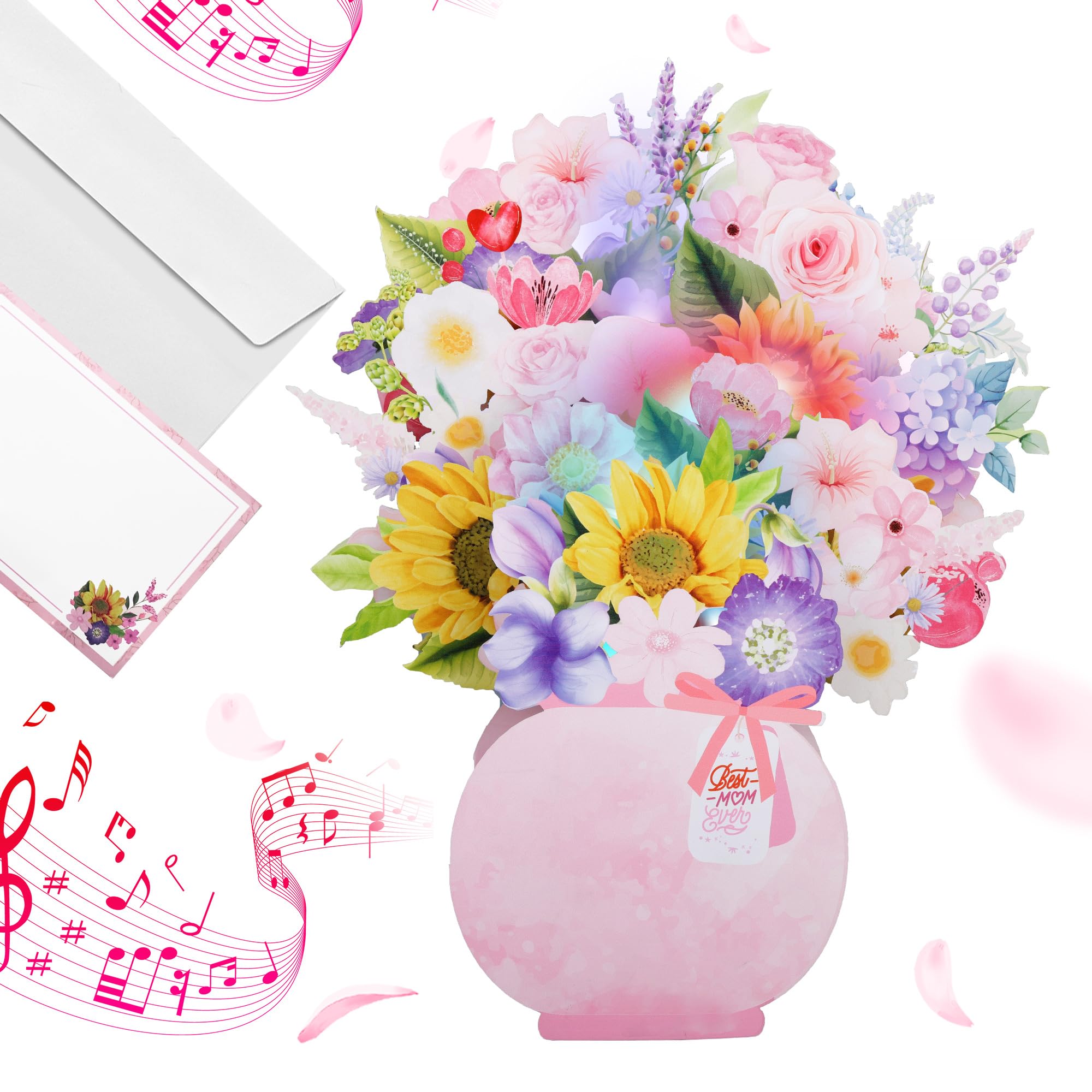 Tarjeta Emergente 3D Para El Día De La Madre, Ramo Flores Surtidas Con Luz Musical, Felicitación Floral Decorativa, Sobre Y Notas En , Perfecta Cumpleaños, Blanco