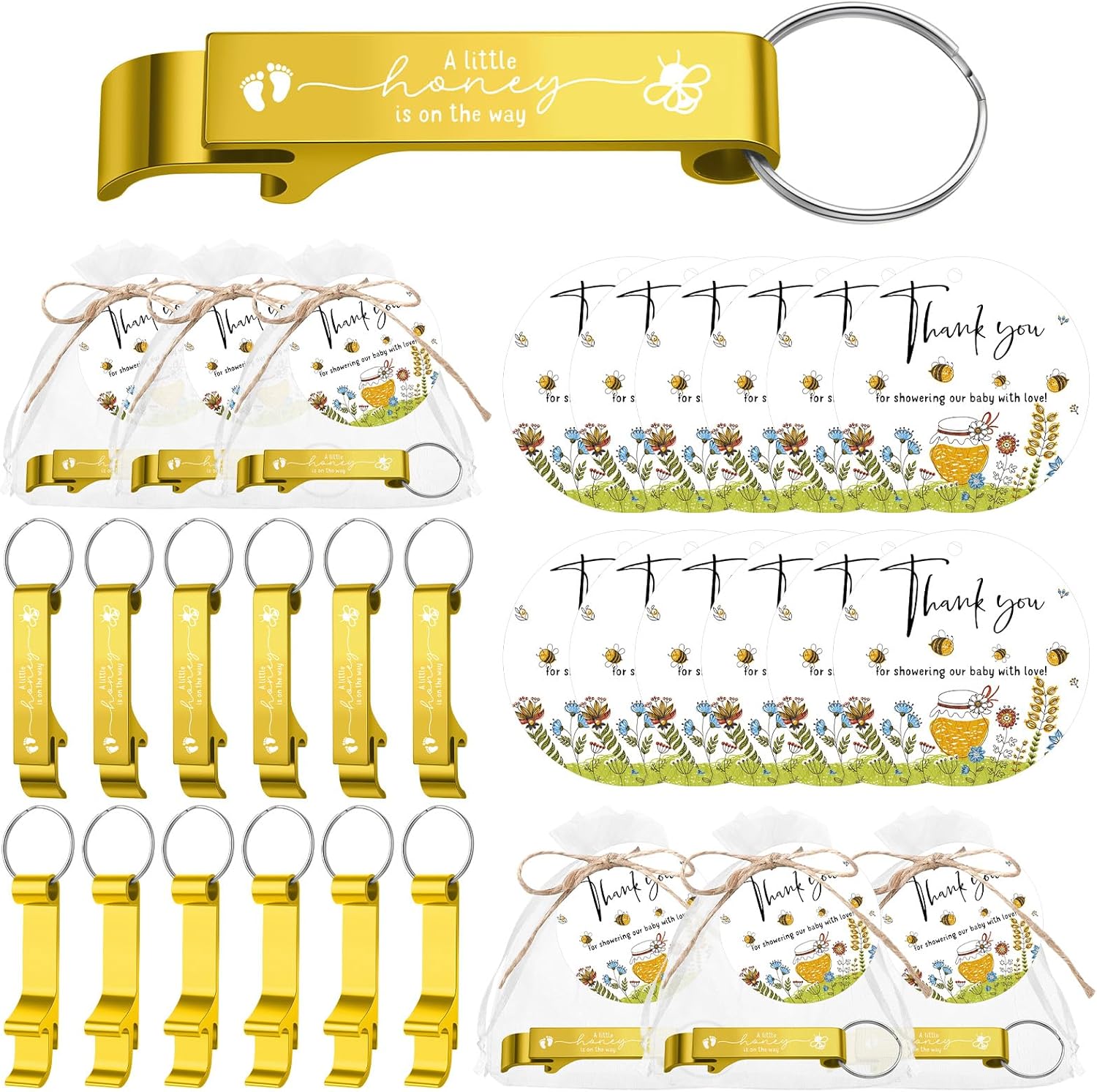 Ecation 50 Sets Honey Bee Baby Shower Favors for Guests 50 Bottle Openers 50 Thank Tags 50 Organza Bags with Twine Return Gift for Baby Shower Gender Reveal Party Girl Boy