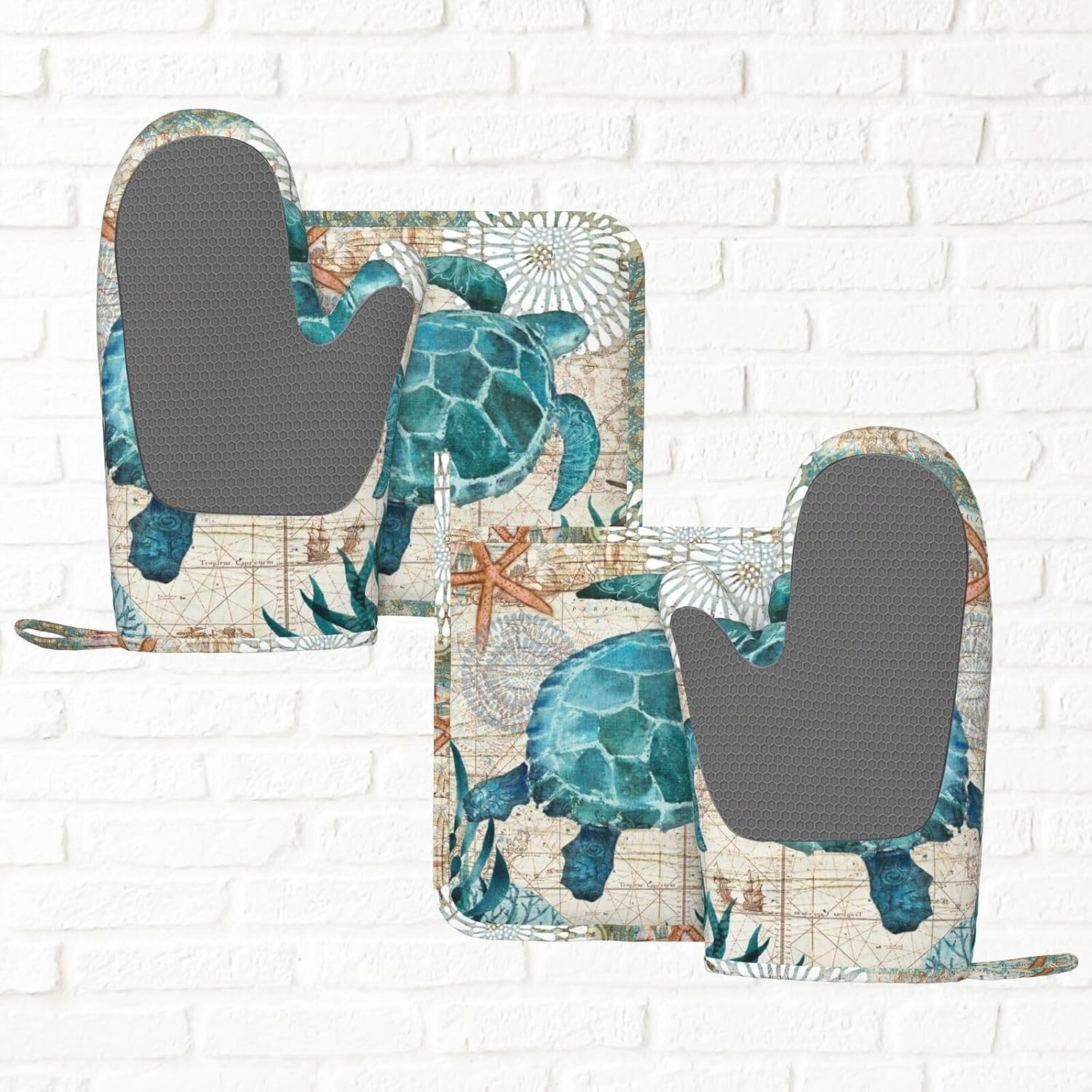 Vintage Nautical Sea Turtle Oven Mitts and Pot Holders Sets, 4pcs Silicone Non-Slip Kitchen Mitts Potholders Heat Resistant BBQ Gloves Hot Pads for Cooking Grilling Baking Microwave Chef Gifts Decor