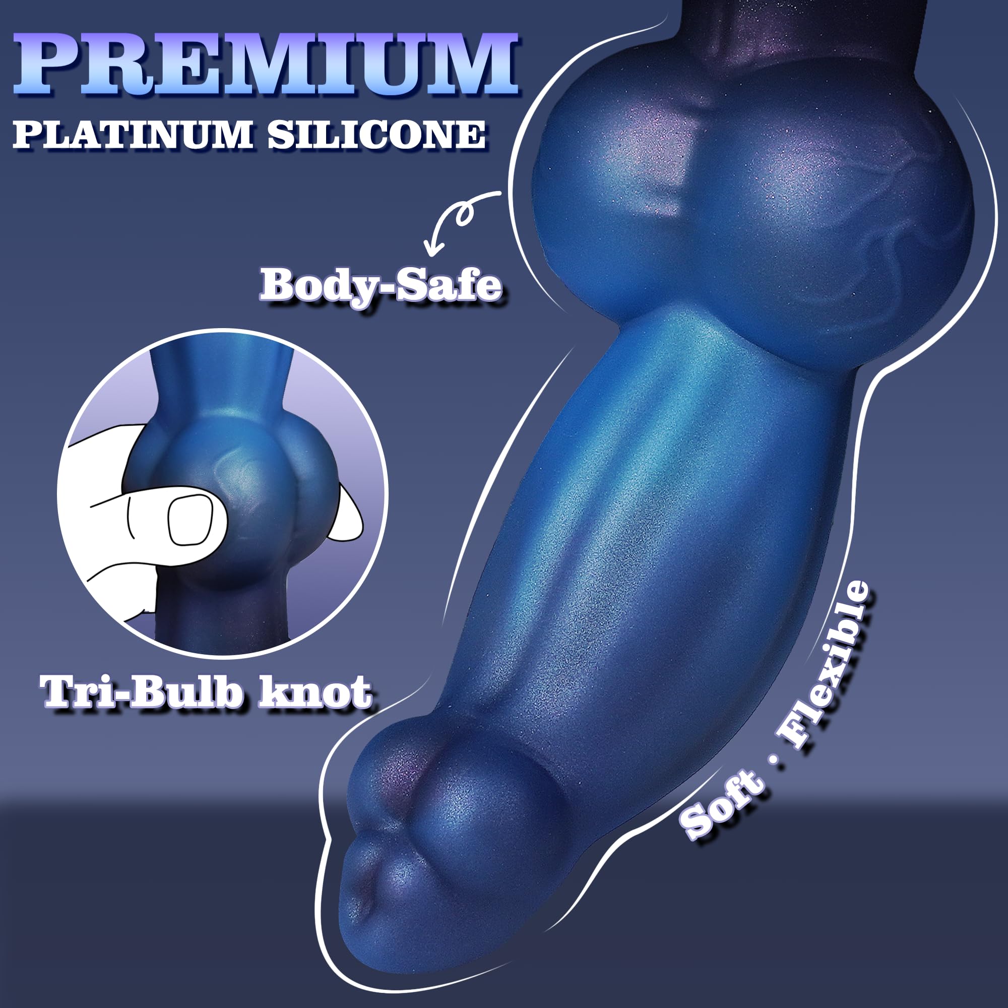 9.6" Blue Black Knotted Dog Dildo 2.8" Knot Pt Silicone Anal Toy w Suction Cup for Men Women Gay