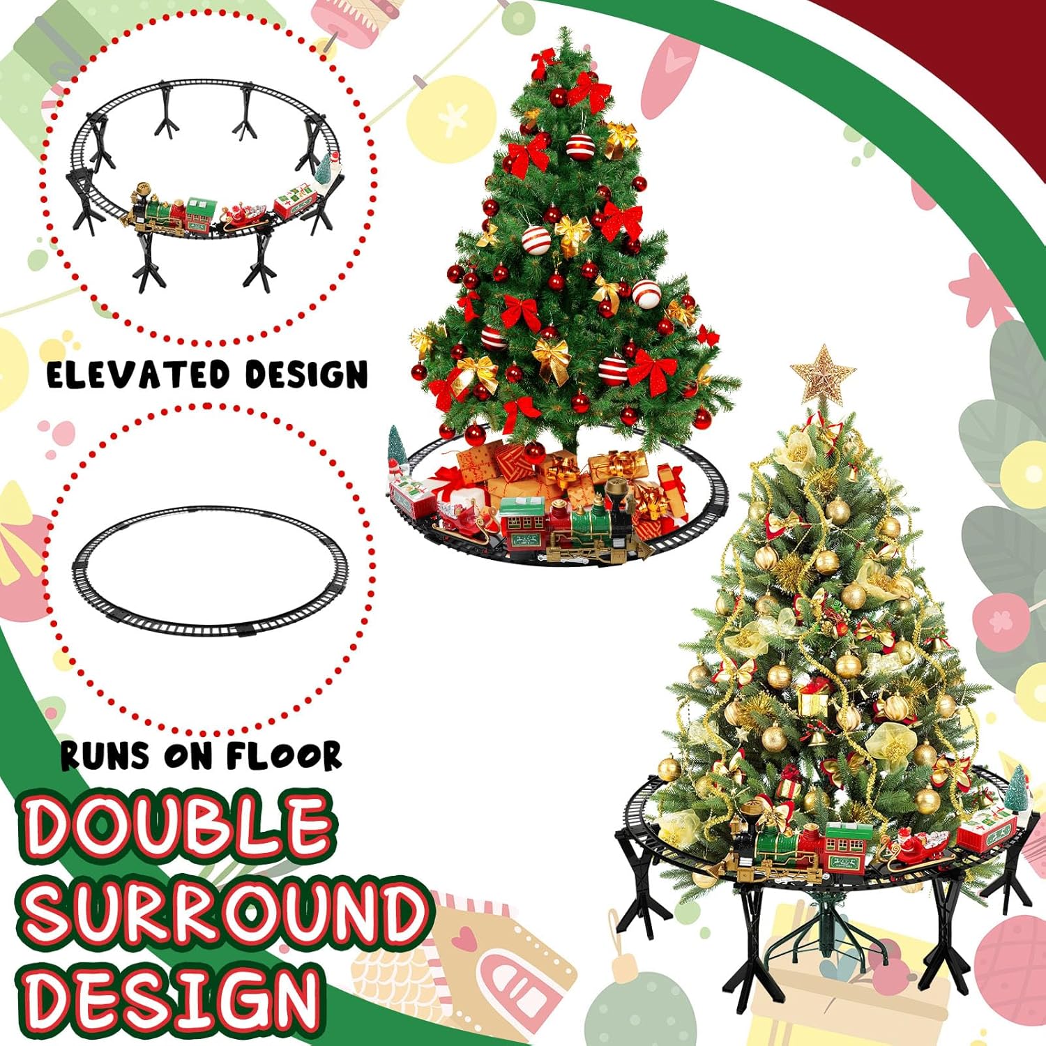 Deekin Christmas Train Set Under The Christmas Tree - Electric Xmas Tree Decoration & Gift, Elevated Train with Locomotive Santa Claus Snowman for Winter 2025 Holiday Decor