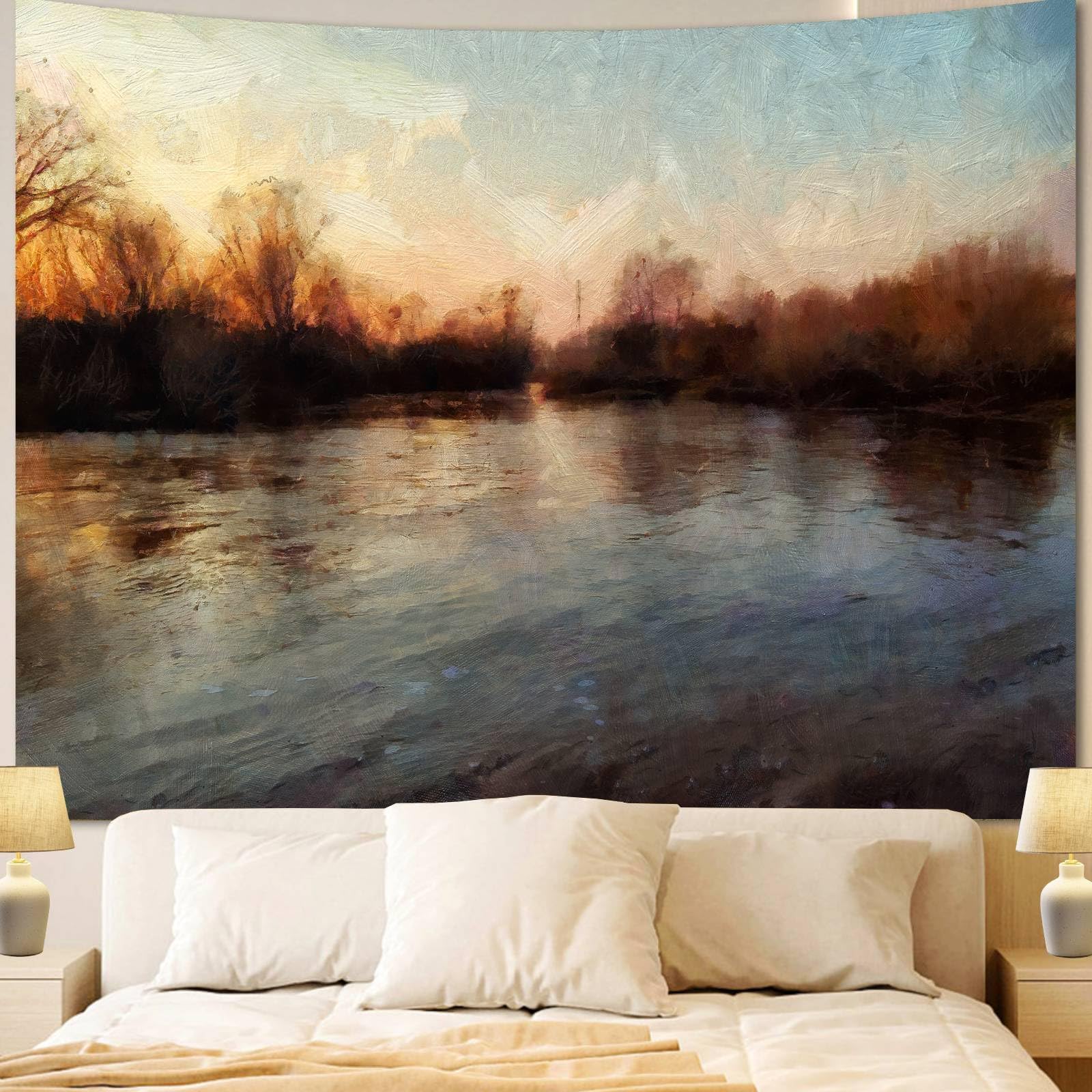 Vintage Wall Art Posters Tapestry, Vintage Outskirts Painting Coastal Landscape Decor Tapestries Wall Hanging, Classical Paintings Poster Prints for Bedroom Living Room (51"X60")