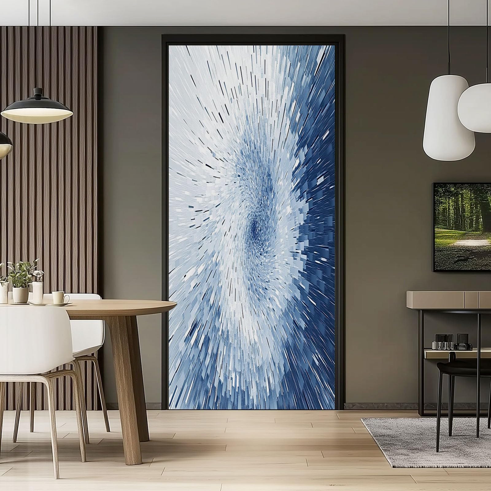 Naklejka na drzwi 3D, samoprzylepna, PCW, 90 x 200 cm, zdejmowana, niebieska, wodoszczelna, do sypialni, kuchni, łazienki, biura, tapeta na drzwi - abstrakcyjna geometria fragment pasków, motyw do