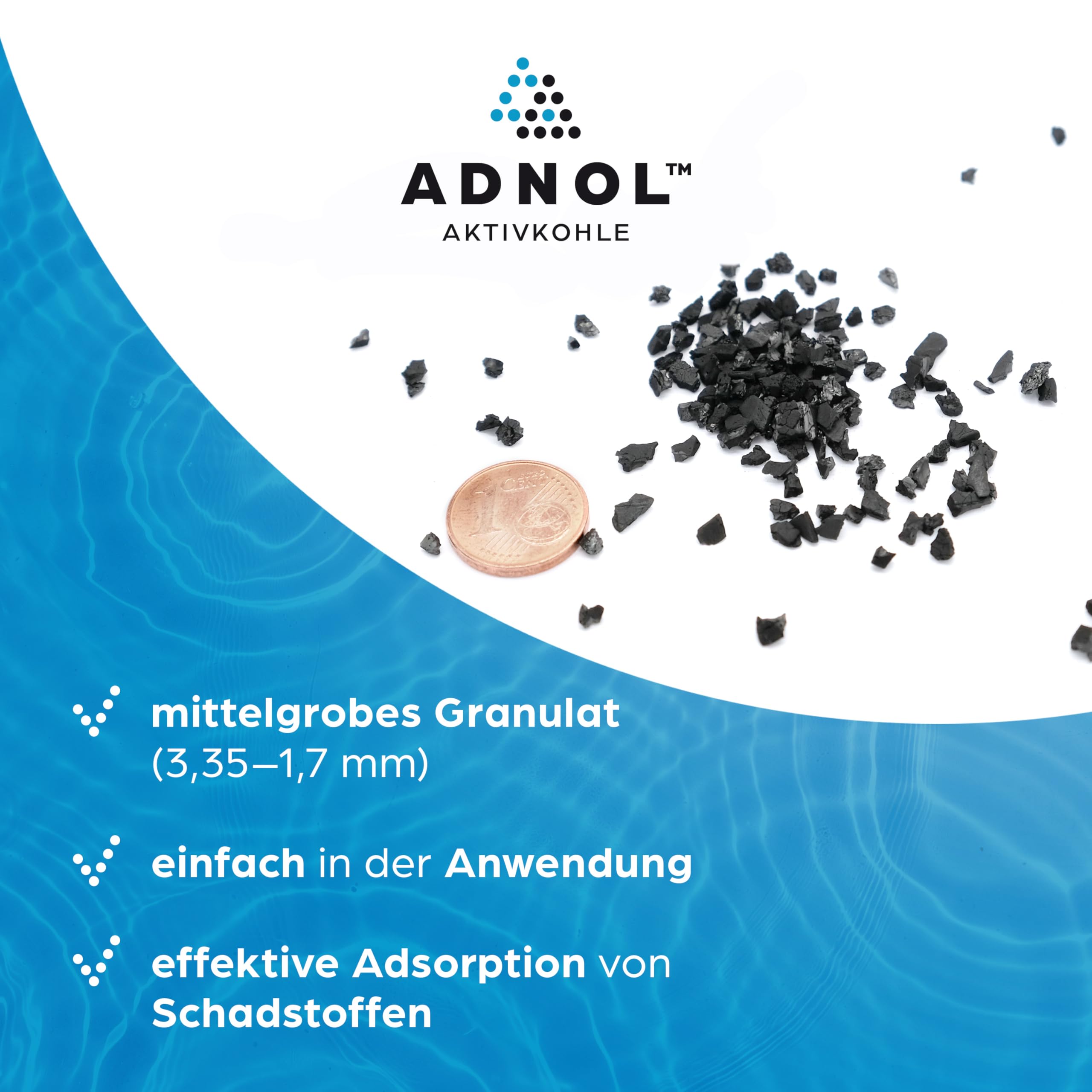 Granulés de charbon actif en coquilles de noix de coco pour filtre à eau d'aquarium et étang, maille 8 x 30, grain 2,36-0,6 mm, classe énergétique A, utilisable comme filtre à carbone 10 l
