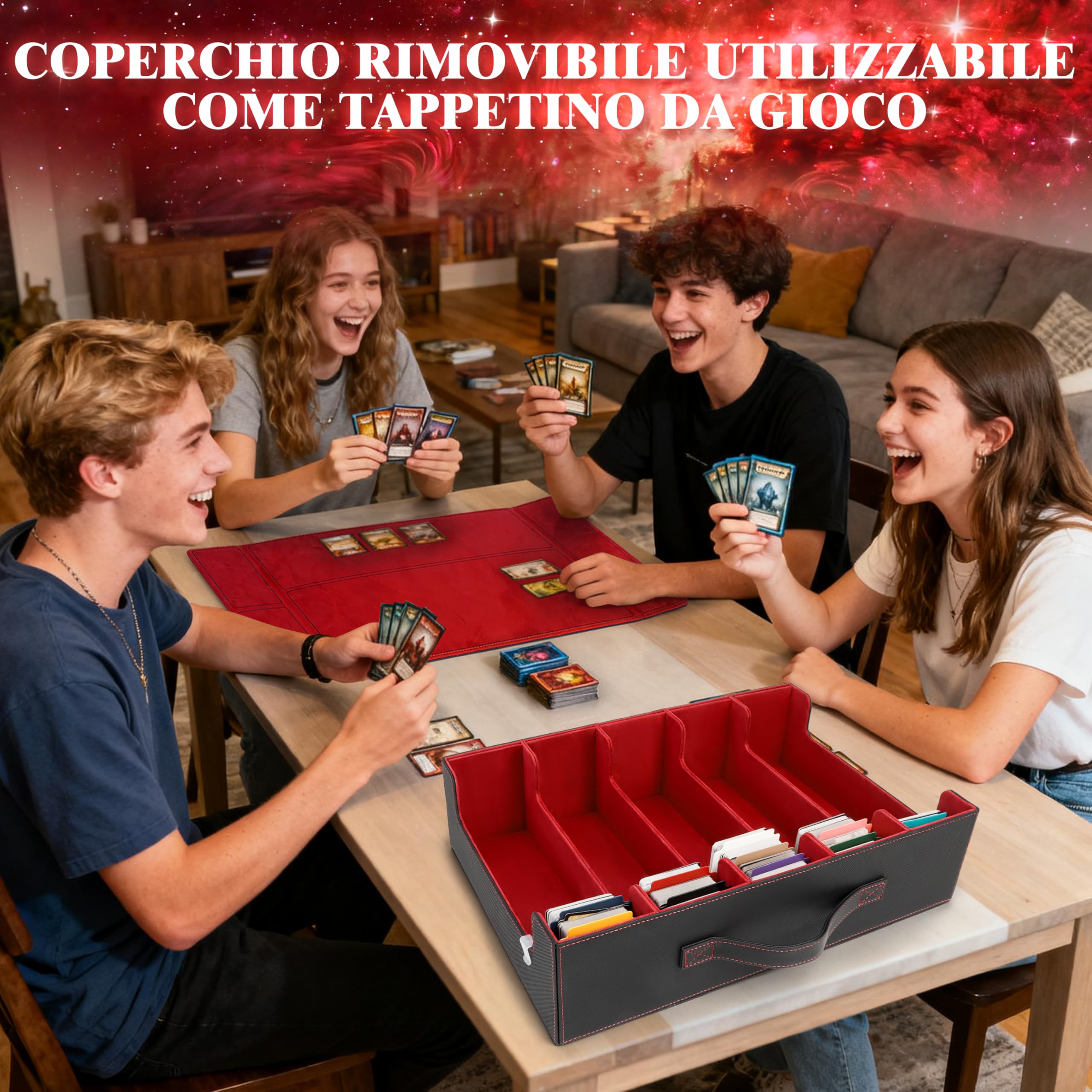 Charmofun Deck Box per Carte, Magnetic Scatola di Carte da Collezione per Oltre 2800+, Porta Deck con Pelle PU e Chiusura Magnetica, 10 Divisori per Carte, 4 Clip Divisorie (Rosso, 3000+)
