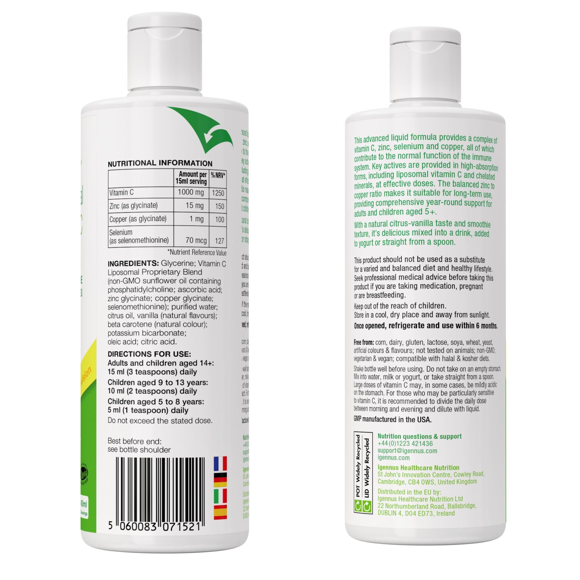 Vitamine C Liposomale 1000 mg Liquide avec Zinc, Cuivre et Sélénium - Système Immunitaire & Réduction de la Fatigue - Goût d'agrumes et vanille, Adultes et Enfants, 30 – 90 portions