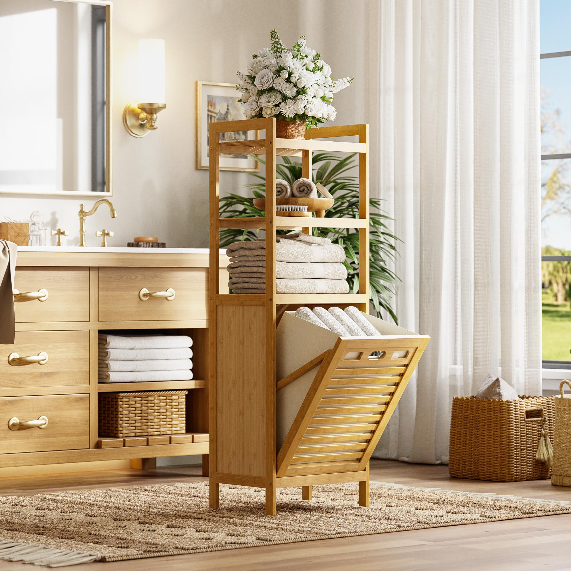 HITNET Meuble Salle de Bain avec Panier à Linge, Armoire Bas Salle de Bain en Bambou avec 3 étagères Ouvertes, 40L Sac Intérieur Amovible pour Buanderie, Toilette et Chambre à Coucher, Naturel