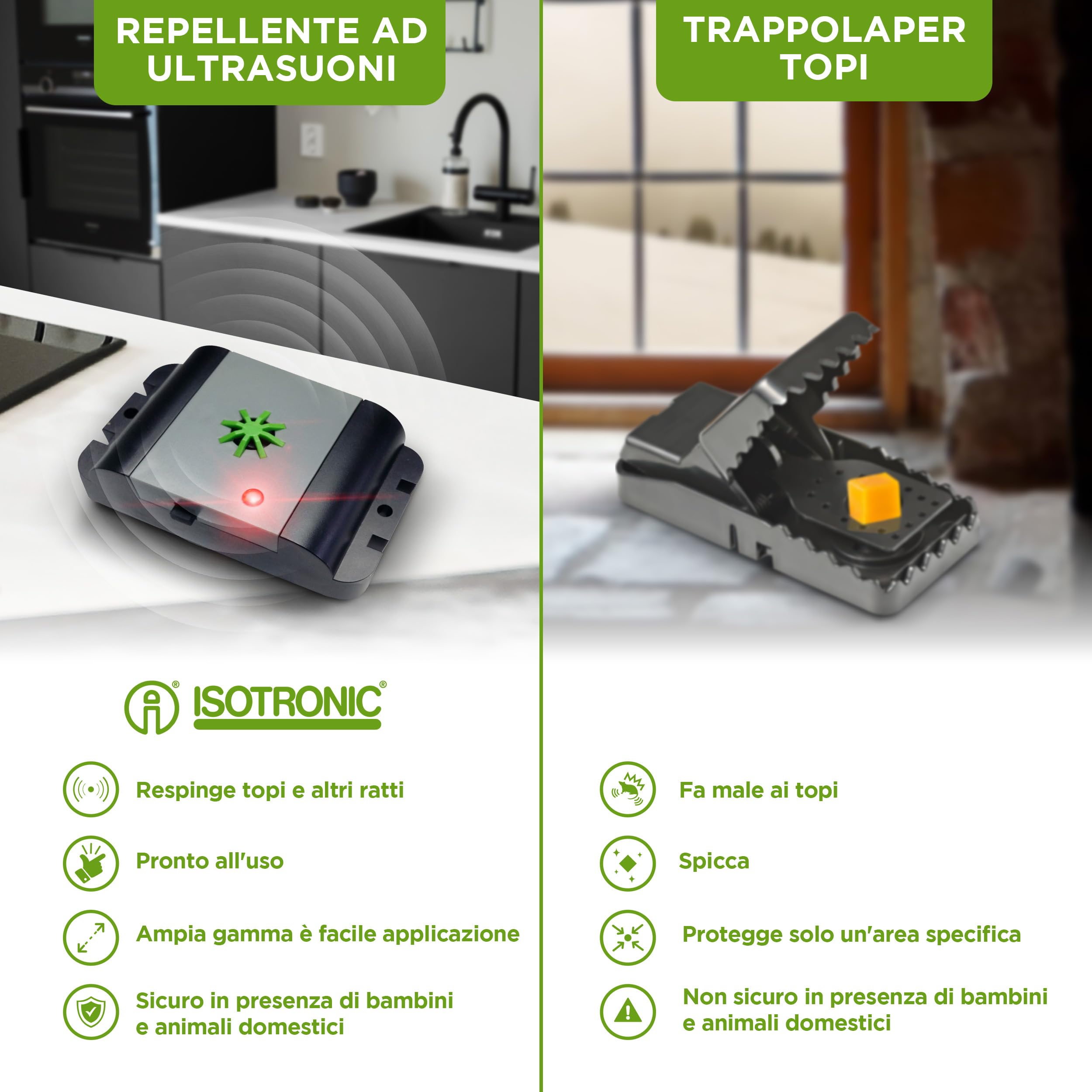 ISOTRONIC Repellente Ultrasuoni Topi e Ratti per Soffitta Garage Giardino, Dissuasore Professionale Senza Veleno, Portata 40m², Protezione Efficace Interno ed Esterno, Difesa Stop Roditori (3 Unità)