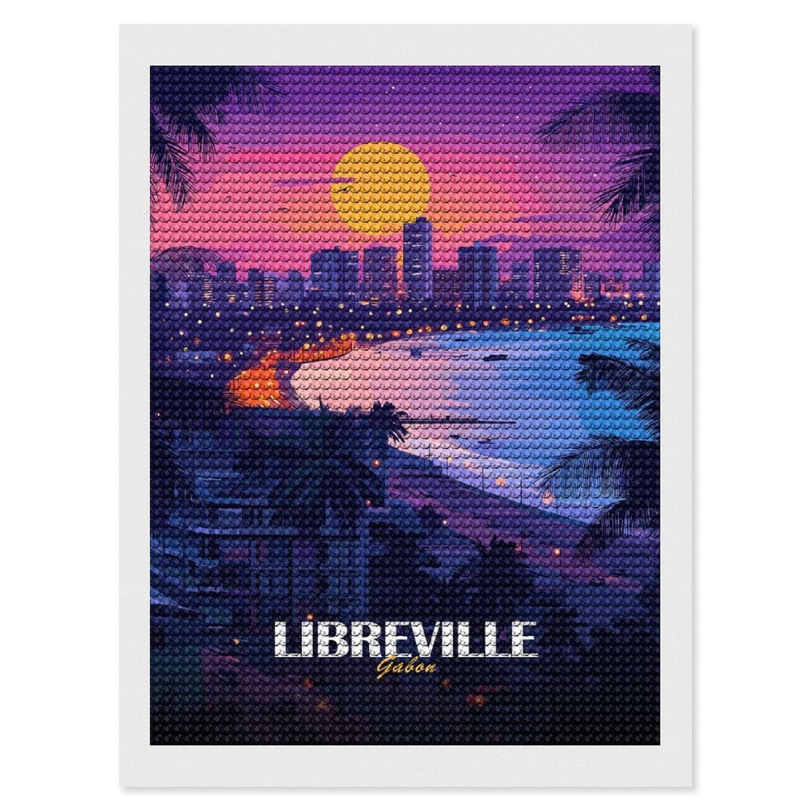 Junmoney Libreville Gabon Cityscape at Sunset Diamond Art Canvas 12"x16", Full Kit Included, Bedroom Decor, for Beginners, Thoughtful Handmade Gift