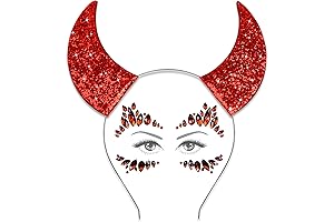 Devil Horns Headbands with Face Gems Stickers Set