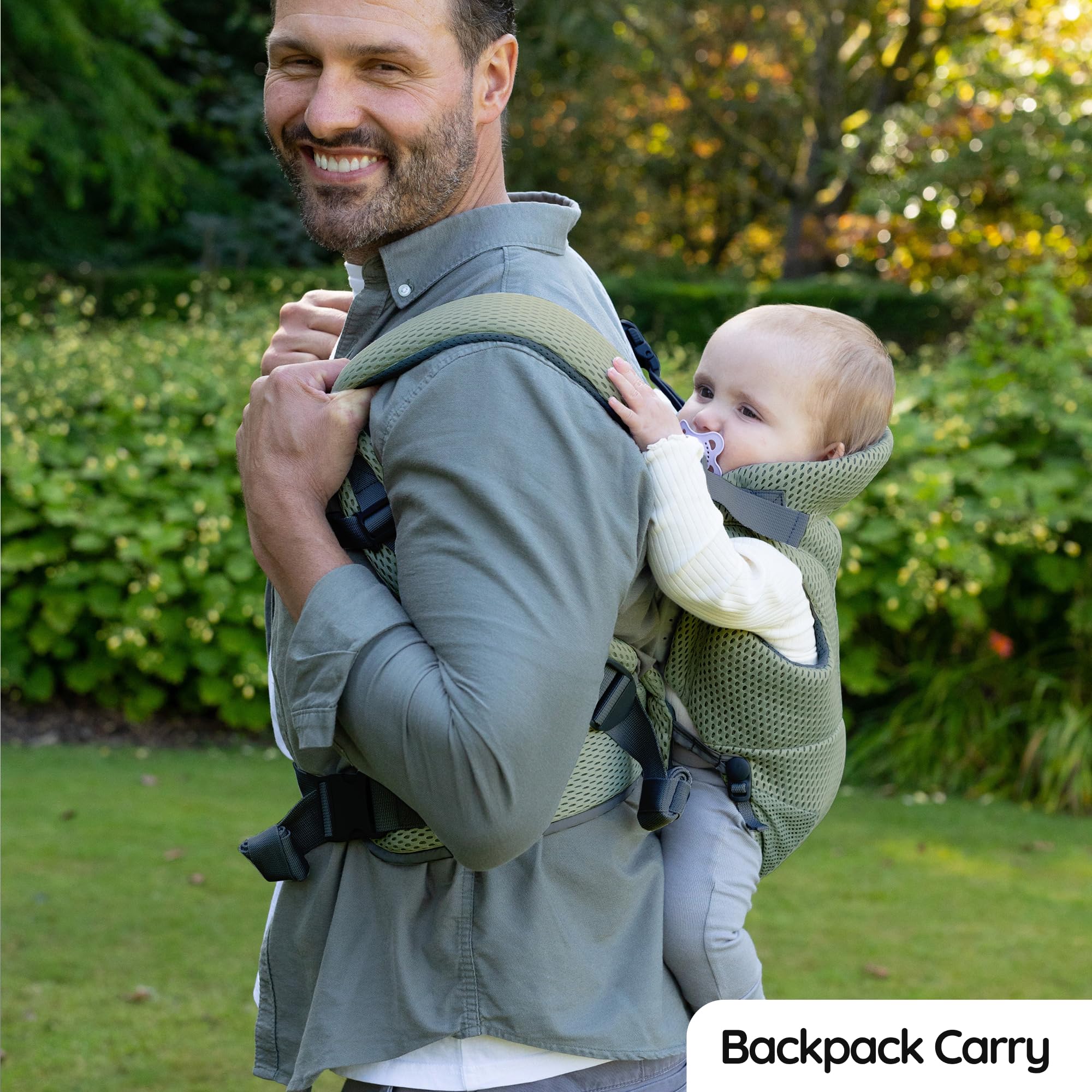 BABYGO AirMesh Babytrage mit integriertem Sabberlätzchen | von 0 bis 18 Monaten | Verstellbare, leichte und atmungsaktive AirMesh-Technologie (Olive, Air Mesh)