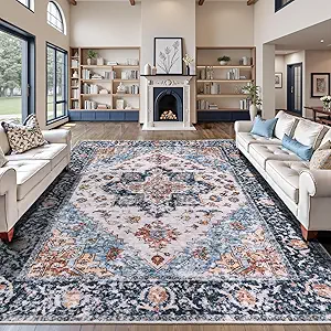 SERISSA Washable Rugs 9x12 Area Rugs, Large Non-Slip Blue Orange Living Room Rug, Ultra Soft Boho Vintage Print Distressed Oriental Farmhouse Carpet for Dining Room Bedroom Dorm Office Home Decor