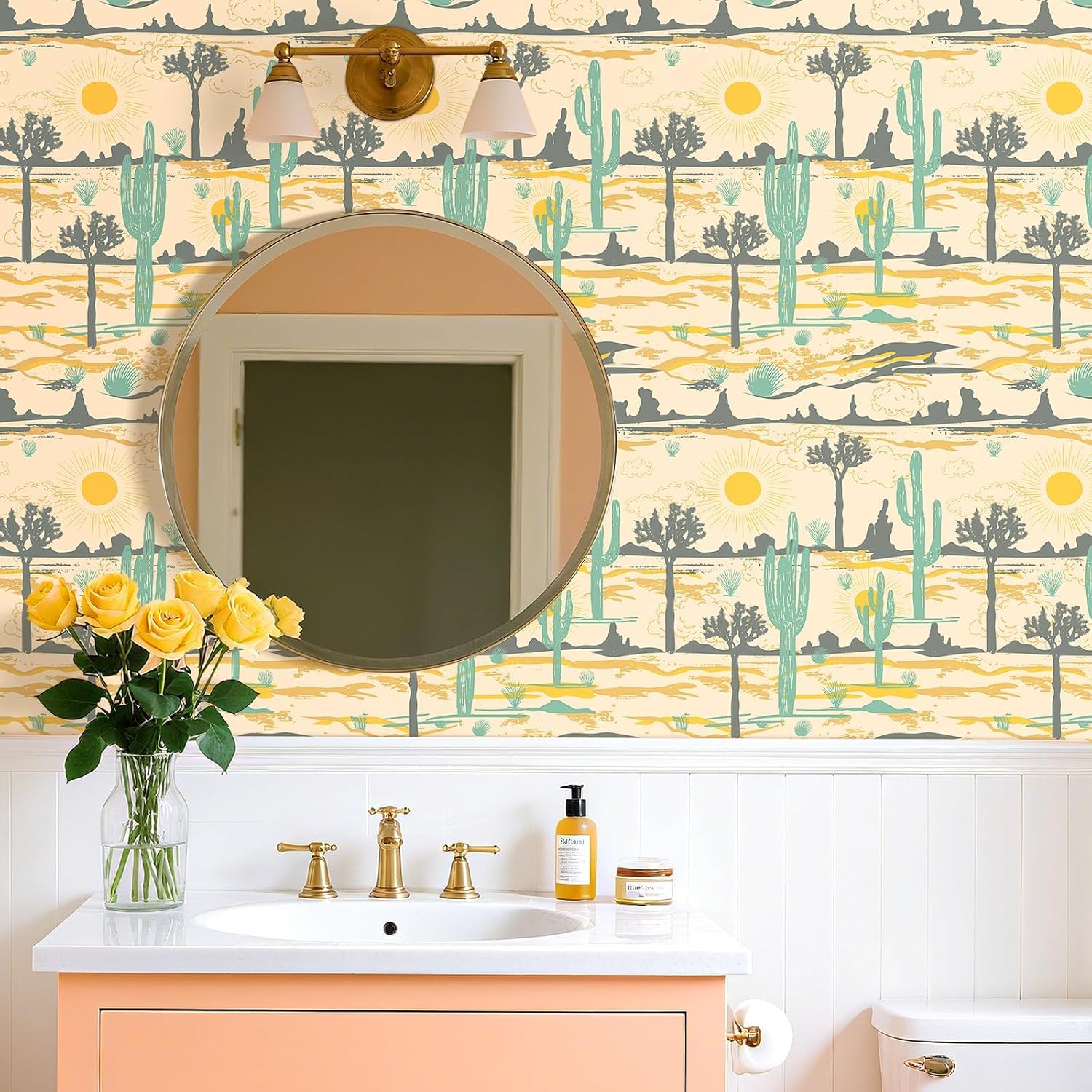 Yenhome 17.5x276 Western Wallpaper Peel and Stick Pale Yellow Cactus Contact Paper Self Adhesive Wallpaper Retro Desert Vintage Joshua Tree Cactus Wall Paper Removable for Bedroom Cabinets Home Office